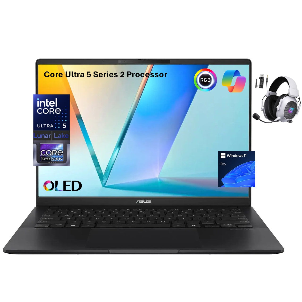 ASUS Vivobook S 14 OLED Laptop, WUXGA 600nits Display, Ultra 5 Series 2 226v AI Boost NPU (beats Ultra 7 155U), 16GB RAM, 512GB SSD, Copilot+, Thunderbolt 4, RGB Backlit, Wireless Headset, Win 11 Pro