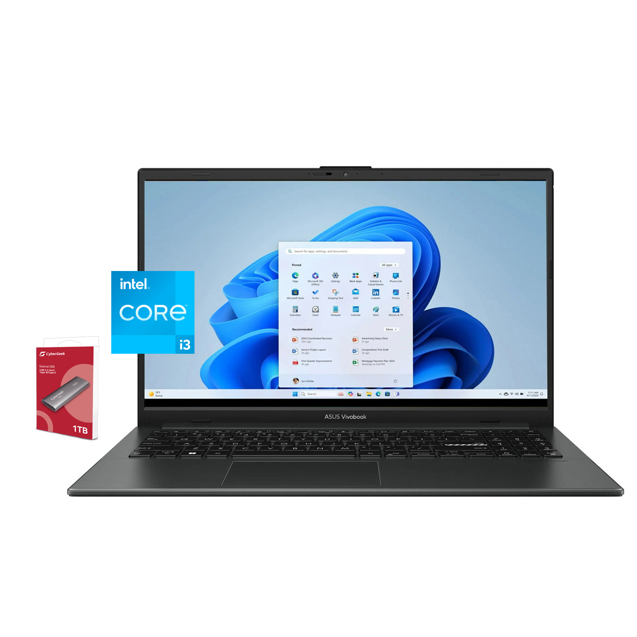 ASUS Vivobook Go 15.6’’ FHD Laptop, 8-Core Intel i3 Processor, 8GB RAM, 128GB Storage + 1TB Portable SSD, WiFi & BT, NanoEdge Display, Fast Charge, Keypad, Webcam, USB-C, HDMI, Windows 11 Home