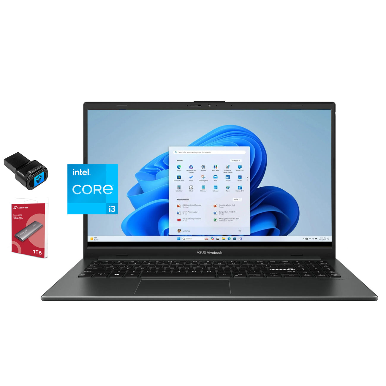 ASUS Vivobook Go 15.6’’ FHD Laptop, 8-Core Intel i3 Processor, 8GB RAM, 128GB + 1TB Portable SSD, WiFi, NanoEdge Display, Fast Charge, Keypad, Webcam, USB-C, HDMI, USB Fingerprint Reader, Win 11