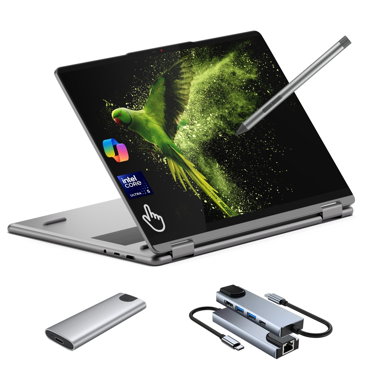 Lenovo Yoga 7i 16″2K Touchscreen 2-in-1 Laptop - Core Ultra 5, 16GB RAM, 512GB SSD + 1TB Portable SSD, AI Copilot+ PC, WiFi 7, Keyboard, Fingerprint, Stylus Pen, 5 in 1 External Storage, Win 11 Home