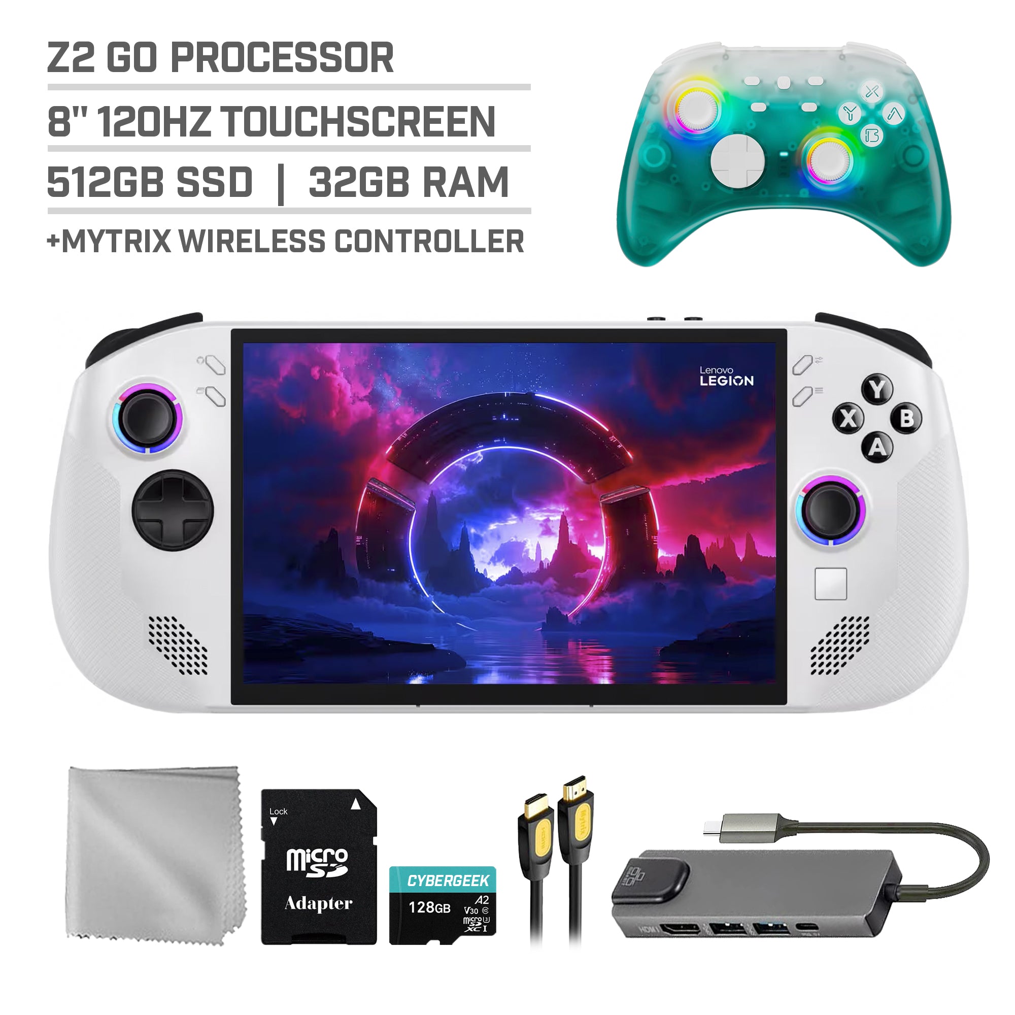 Lenovo Legion Go S 512GB Gaming Handheld 8-inch Touchscreen 120Hz WUXGA AMD Ryzen Z2 Go CPU, Mytrix Black Ice Wireless Pro Controller, Hub, 128GB MicroSD Card, 5 Accessories: 6 in 1 Bundle