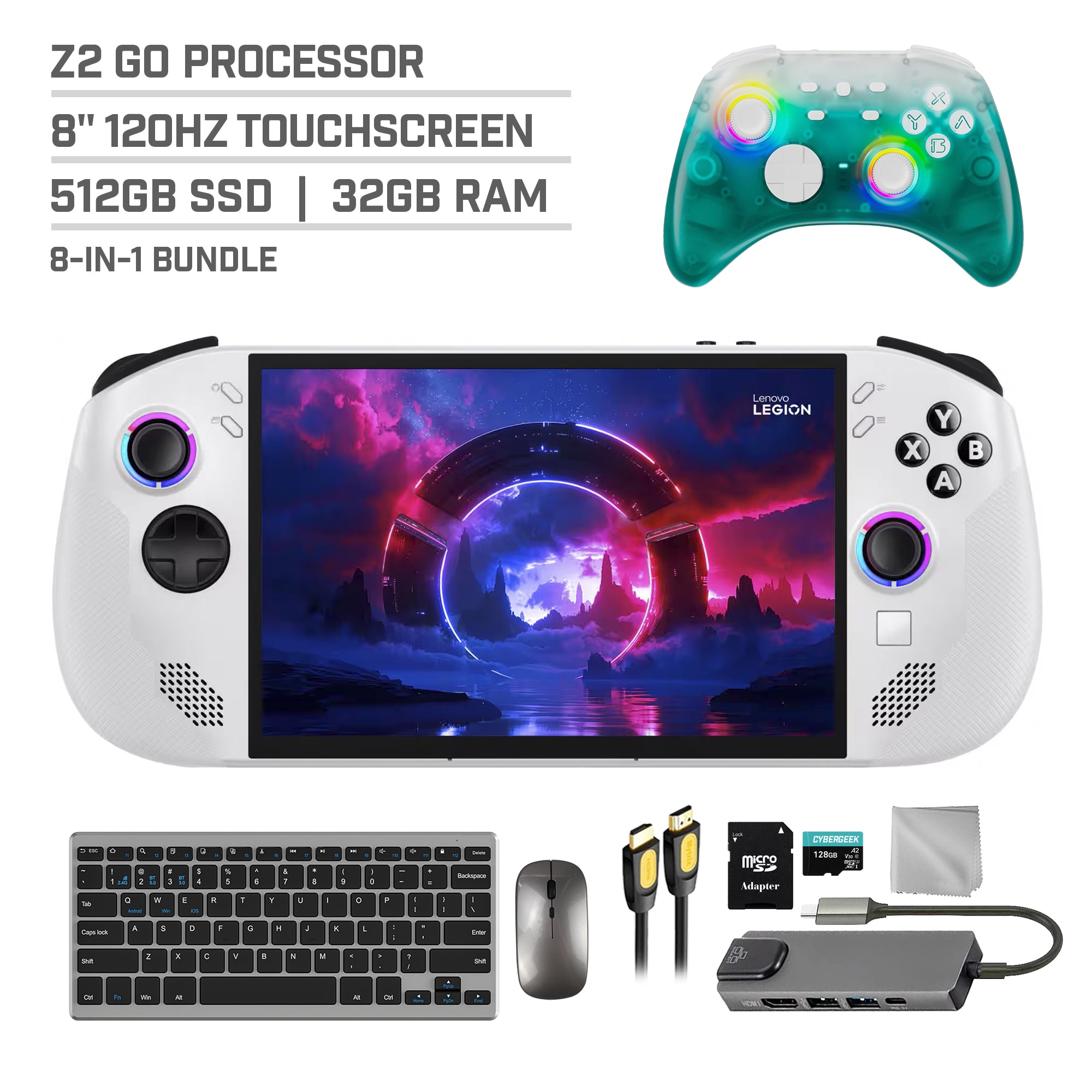 Lenovo Legion Go S 512GB Gaming Handheld 8-inch Touchscreen 120Hz WUXGA AMD Ryzen Z2 Go CPU, Mytrix Black Ice Wireless Pro Controller, Hub, 128GB MicroSD, Keyboard & Mouse, 8 in 1 Bundle
