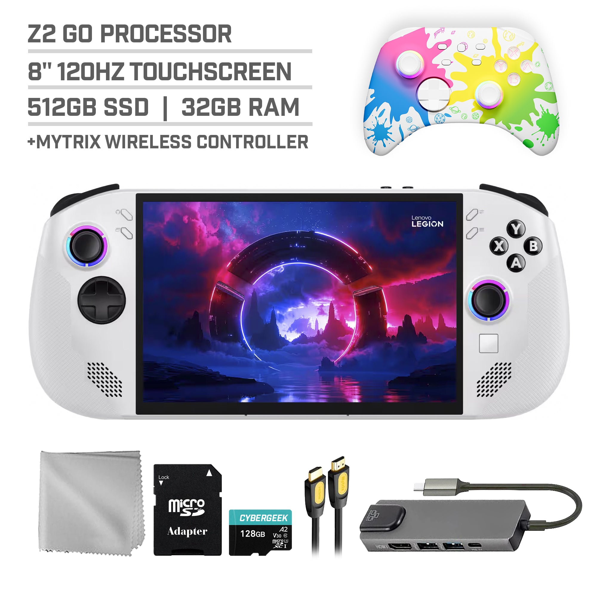 Lenovo Legion Go S 512GB Gaming Handheld 8-inch Touchscreen 120Hz WUXGA AMD Ryzen Z2 Go CPU, Mytrix Inkjet Wireless Pro Controller, Hub, 128GB MicroSD Card, 5 Accessories: 6 in 1 Bundle