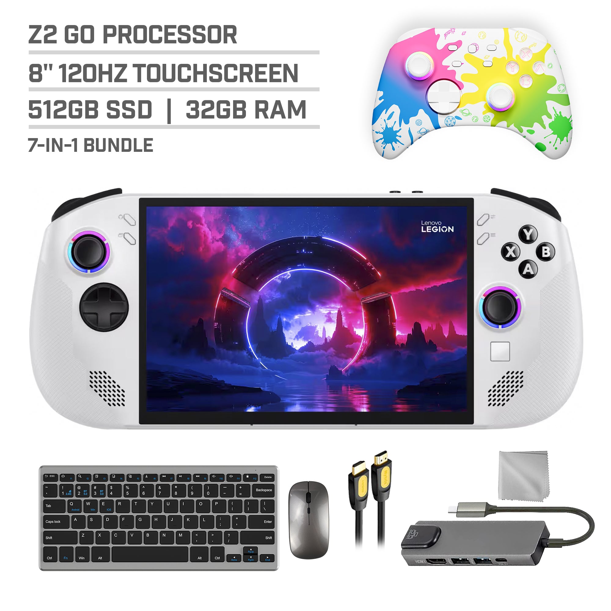 Lenovo Legion Go S 512GB Gaming Handheld 8-inch Touchscreen 120Hz WUXGA AMD Ryzen Z2 Go CPU, Mytrix Inkjet Wireless Pro Controller, Hub, Keyboard & Mouse Combo, 7 in 1 Bundle