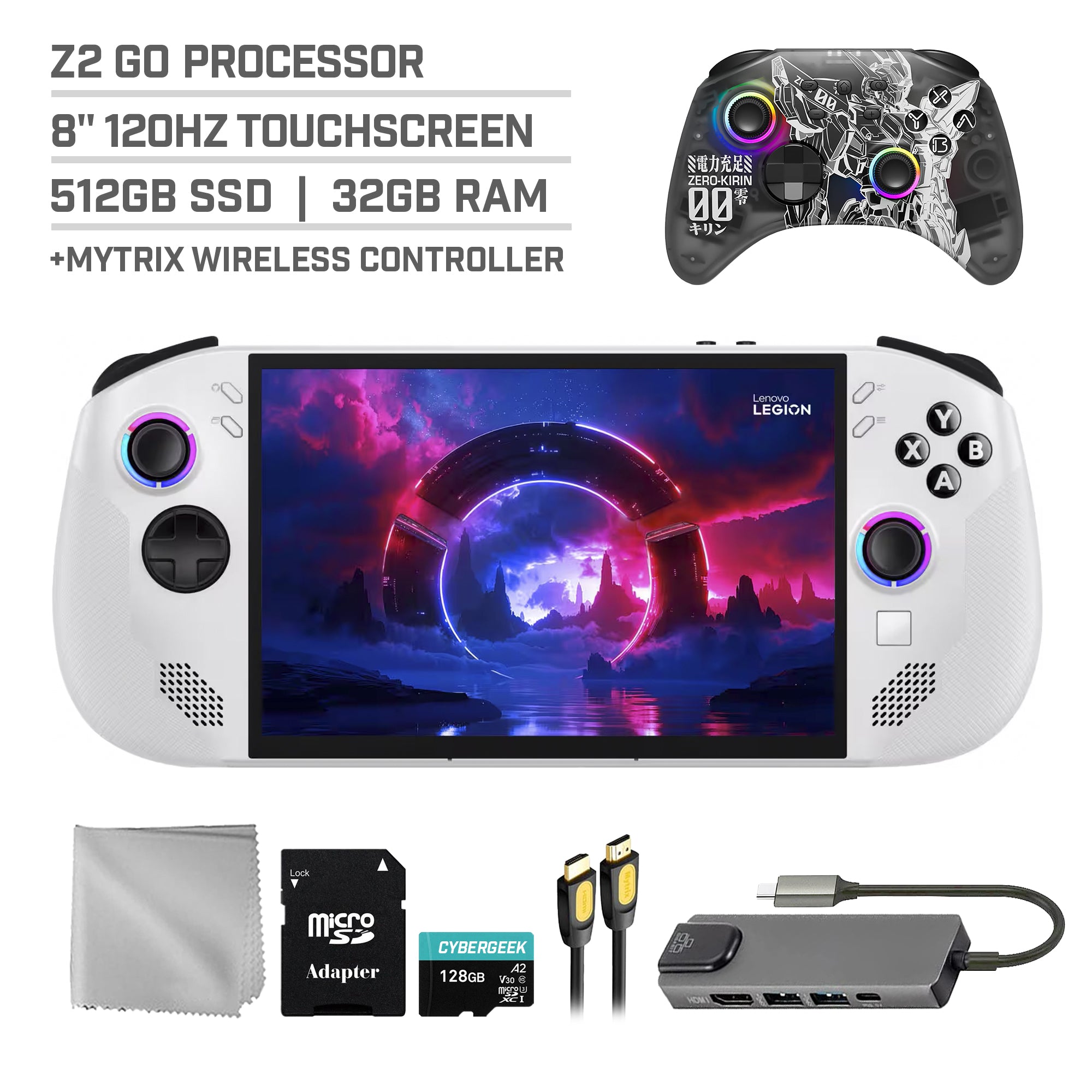 Lenovo Legion Go S 512GB Gaming Handheld 8-inch Touchscreen 120Hz WUXGA AMD Ryzen Z2 Go CPU, Mytrix Zero-Kirin Wireless Pro Controller, Hub, 128GB MicroSD Card, 5 Accessory: 6 in 1 Bundle