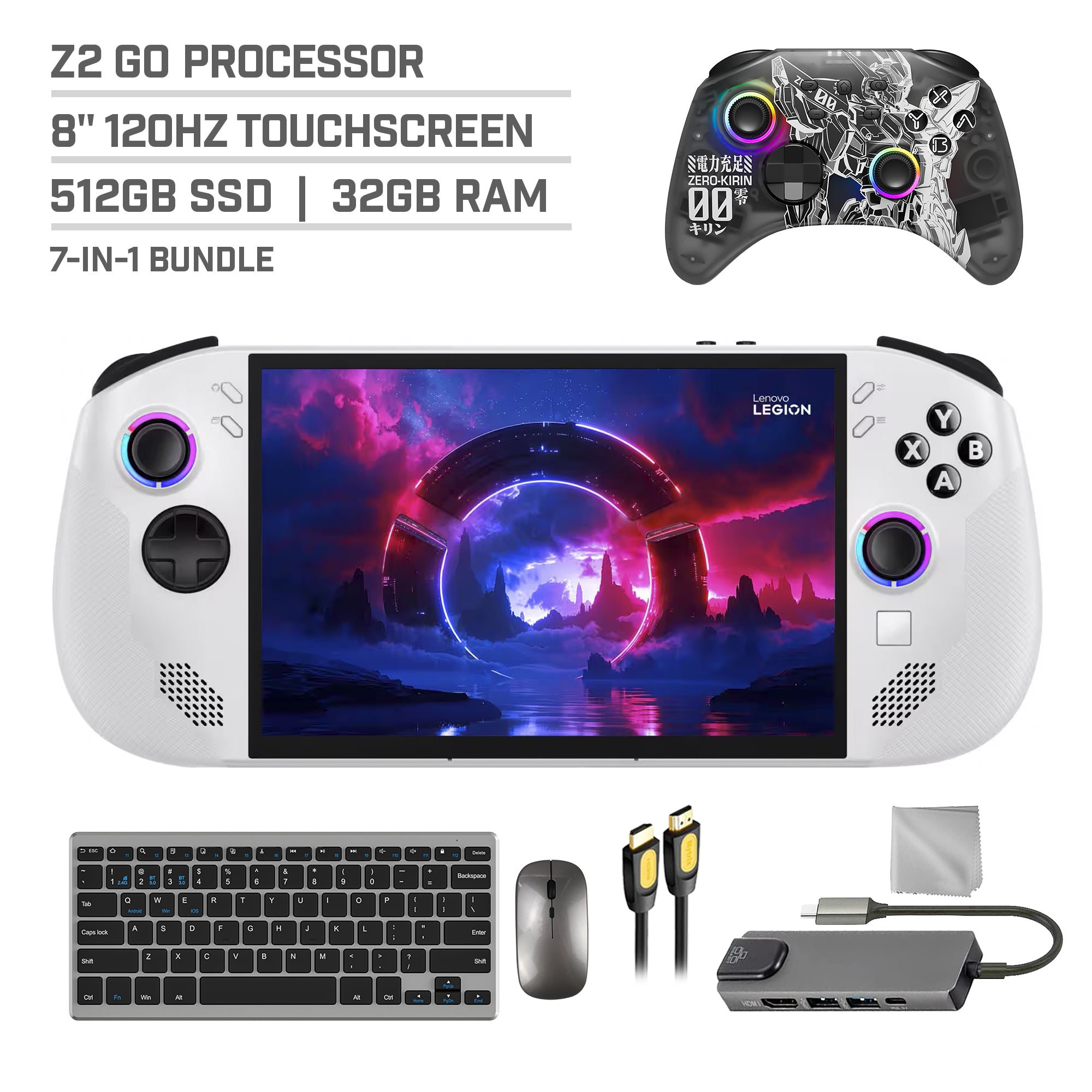 Lenovo Legion Go S 512GB Gaming Handheld 8-inch Touchscreen 120Hz WUXGA AMD Ryzen Z2 Go CPU, Mytrix Zero-Kirin Wireless Pro Controller, Hub, Keyboard & Mouse Combo, 7 in 1 Bundle