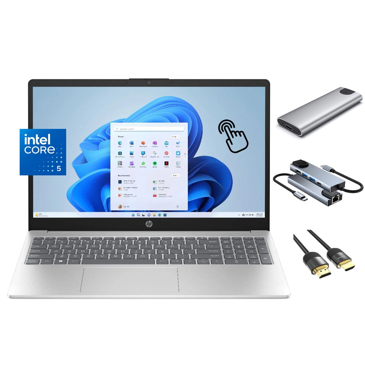 HP 15.6 inch Touchscreen Laptop, Intel Core 5 120U (beats i7-1355U) 10-Core CPU, 32GB RAM, 1TB SSD + 256GB Portable SSD Hub, WiFi 6, WebCam, KeyPad, HDMI, USB-C, Win 11
