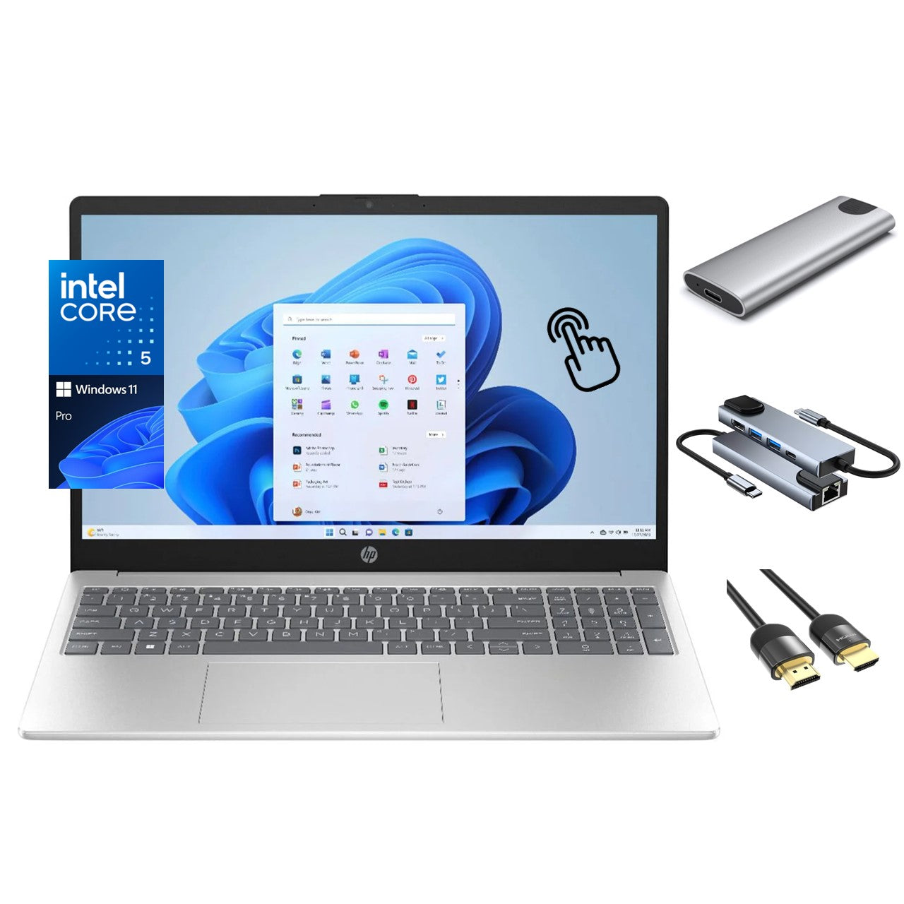 HP 15.6 inch Touchscreen Laptop, Intel Core 5 120U (beats i7-1355U) 10-Core CPU, 16GB RAM, 1TB SSD + 256GB Portable SSD Hub, WiFi 6, WebCam, KeyPad, HDMI, USB-C, Win 11 Pro