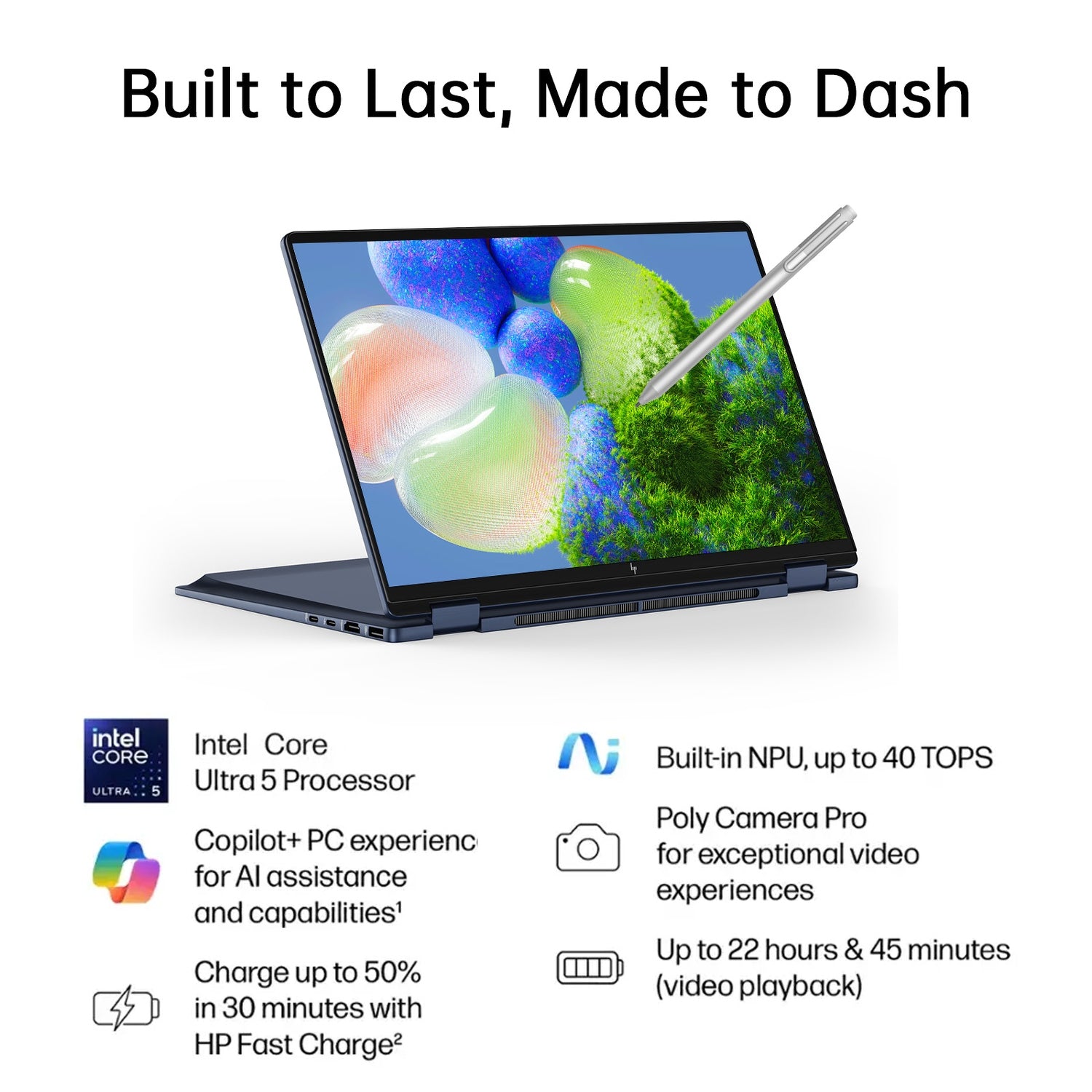 HP Omnibook X Flip 2 in 1 14’’ 2K Touchscreen Laptop, Convertible Laptop 16GB DDR5 RAM 512GB SSD, Intel Core Ultra 5, Intel Arc 130V GPU, Thunderbolt 4, Windows 11 Pro, Office 365 with Microsoft Pen