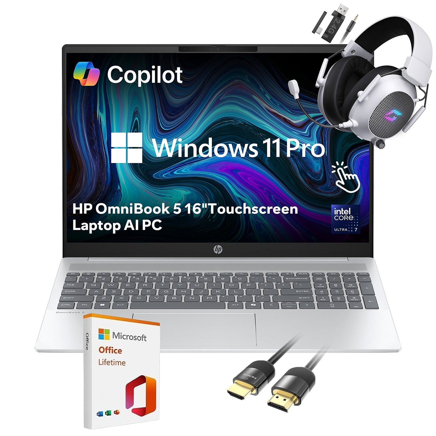 HP OmniBook 5 AI Touchscreen Business Laptop, Intel Core Ultra 7 255U, 16 inch 2K IPS Display 16GB RAM 512GB SSD Backlit Keyboard for Video Editing Student PC w/ Mytrix bundle, Wins 11 Pro Office 21