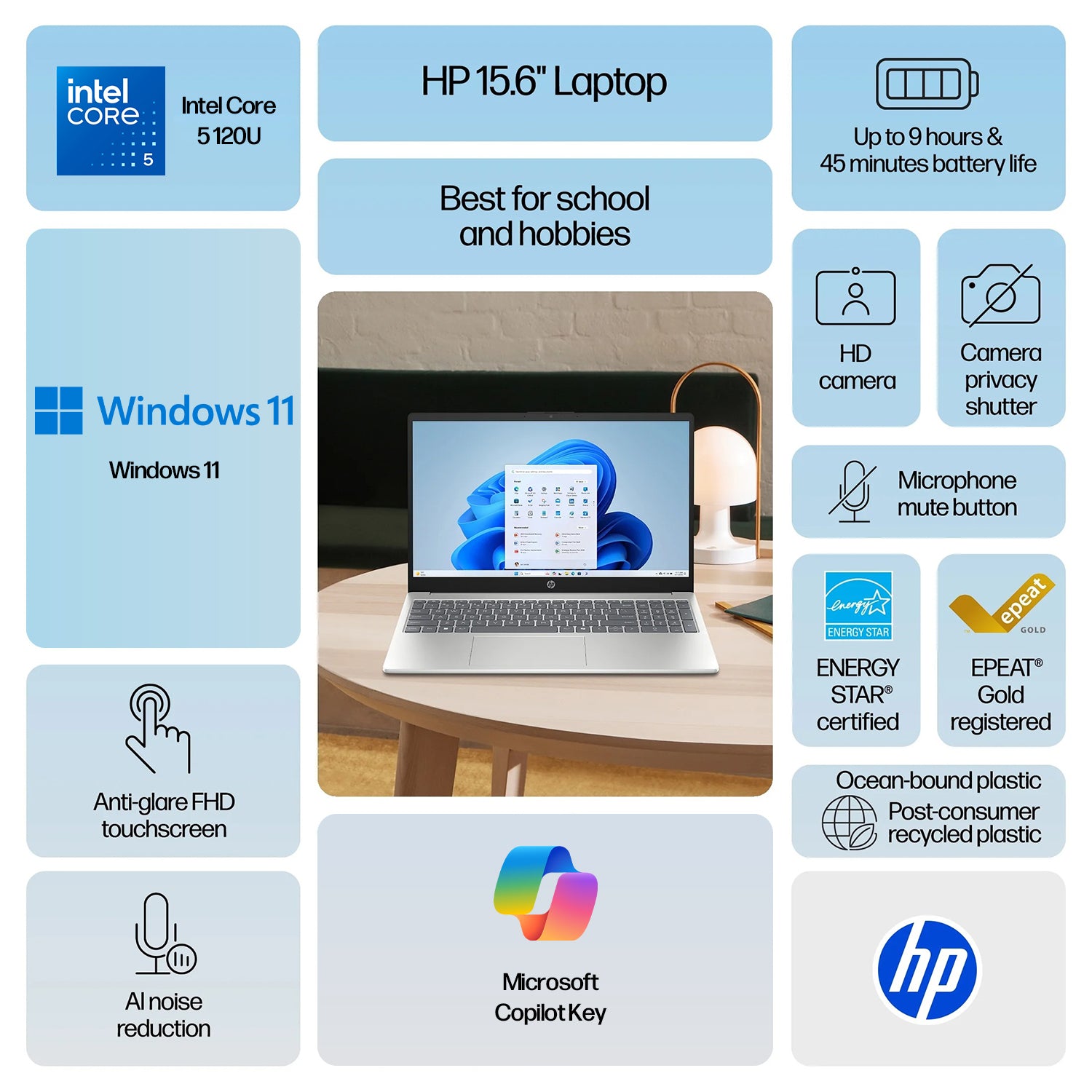 HP 15.6 inch Touchscreen Laptop Computer, 10-Core Intel Core 5 120U, 15.6
