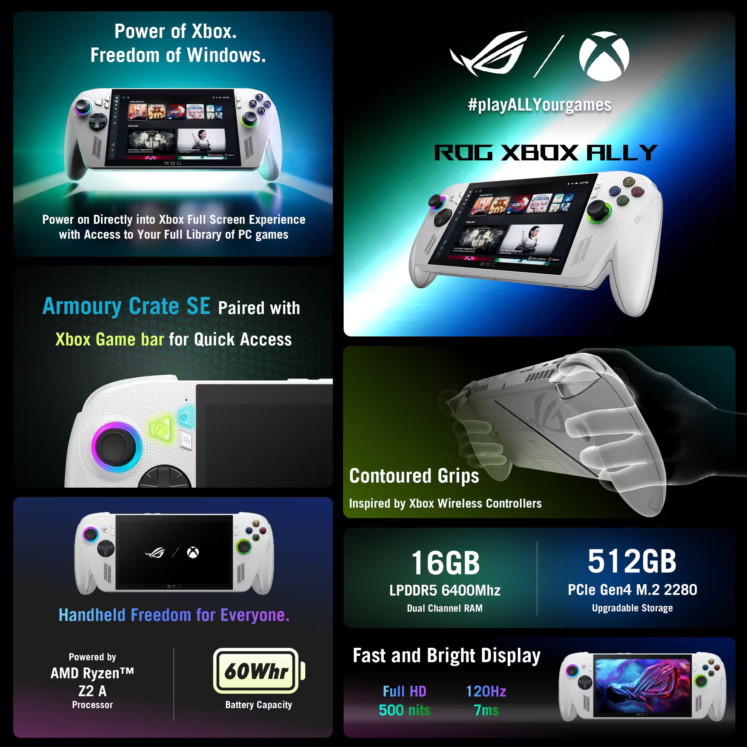 ASUS ROG Xbox Ally 512GB AMD Ryzen Z2 A CPU Gaming Handheld 7-inch Touchscreen 120Hz, Mytrix Hub, HDMI Cable, 3 Accessories: 4 in 1 Bundle