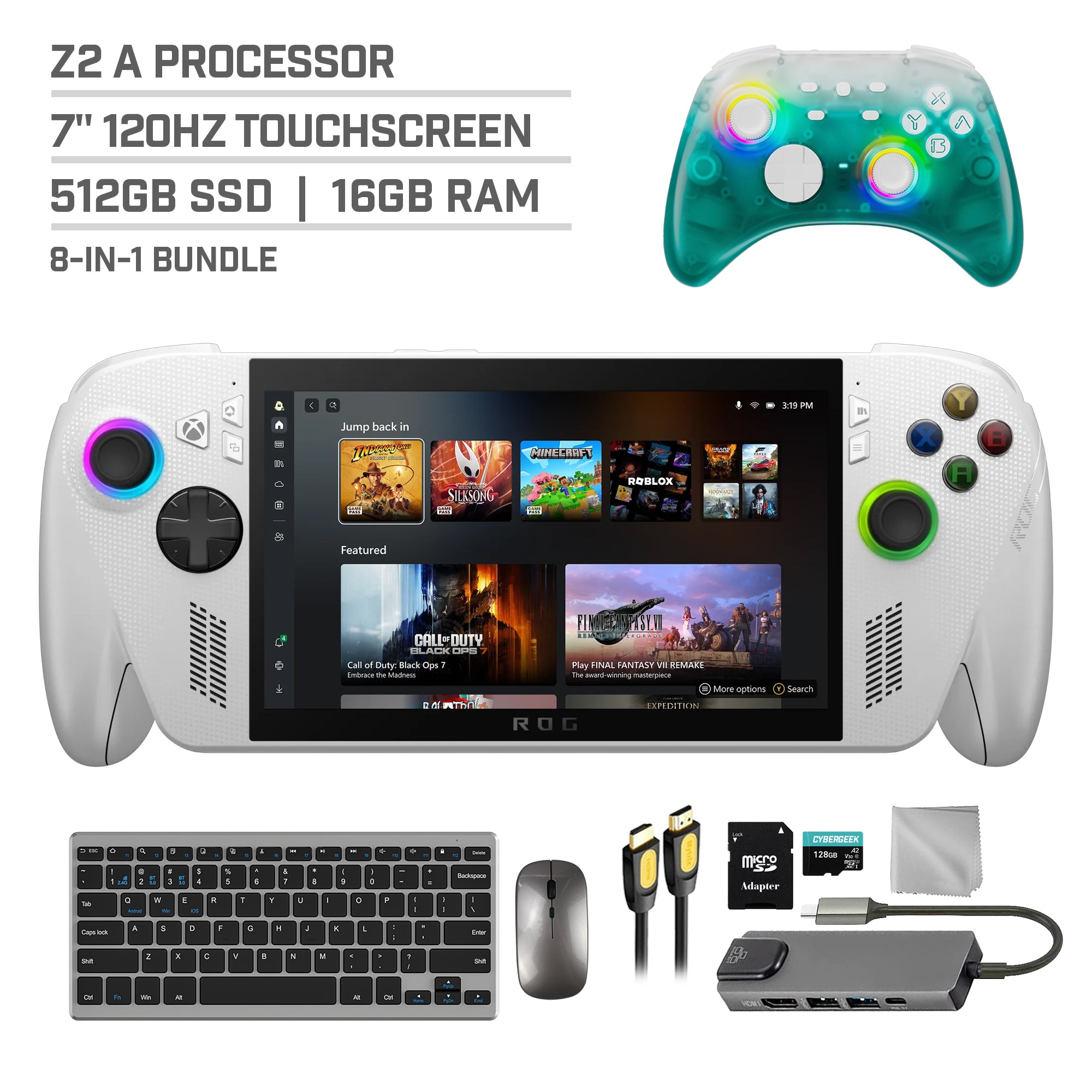 ASUS ROG Xbox Ally 512GB AMD Ryzen Z2 A CPU Gaming Handheld 7-inch Touchscreen 120Hz, Mytrix Black Ice Wireless Pro Controller, Hub, 128GB MicroSD, Keyboard & Mouse, 8 in 1 Bundle