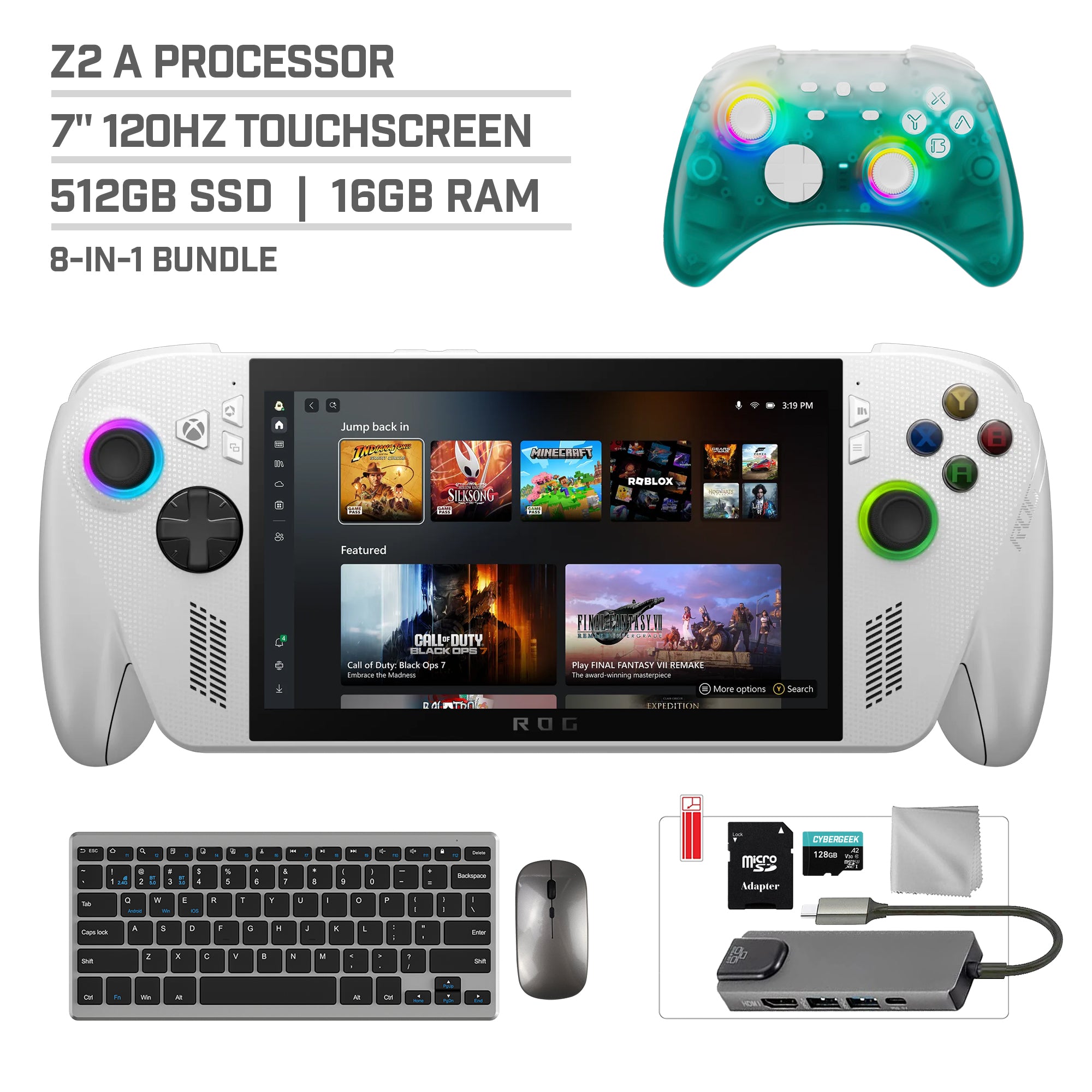 ASUS ROG Xbox Ally 512GB AMD Ryzen Z2 A CPU Gaming Handheld 7-inch Touchscreen 120Hz, Mytrix Black Ice Wireless Pro Controller, Hub, 128GB MicroSD, Keyboard & Mouse, 8 in 1 Bundle
