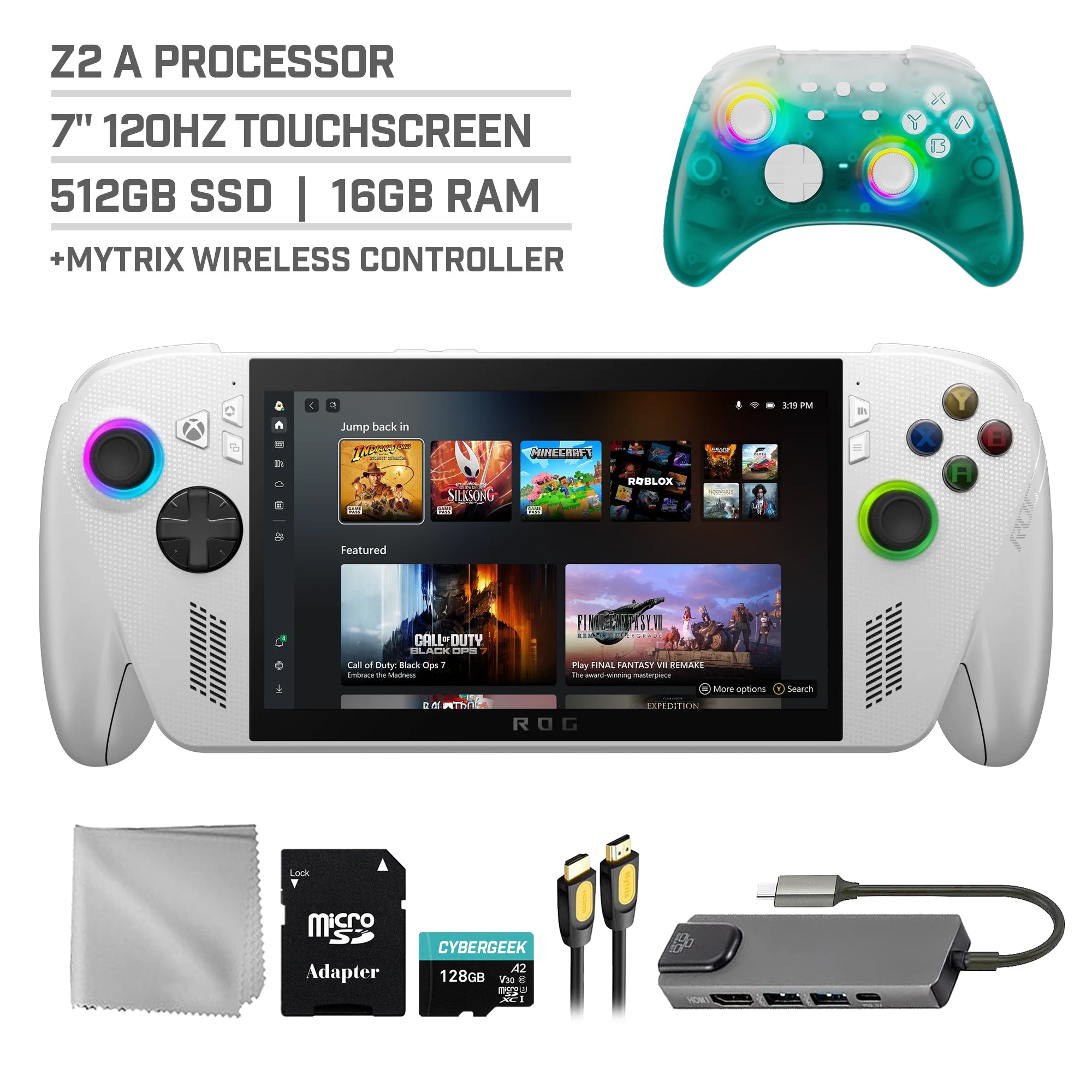 ASUS ROG Xbox Ally 512GB AMD Ryzen Z2 A CPU Gaming Handheld 7-inch Touchscreen 120Hz, Mytrix Black Ice Wireless Pro Controller, Hub, 128GB MicroSD Card, 5 Accessories: 6 in 1 Bundle
