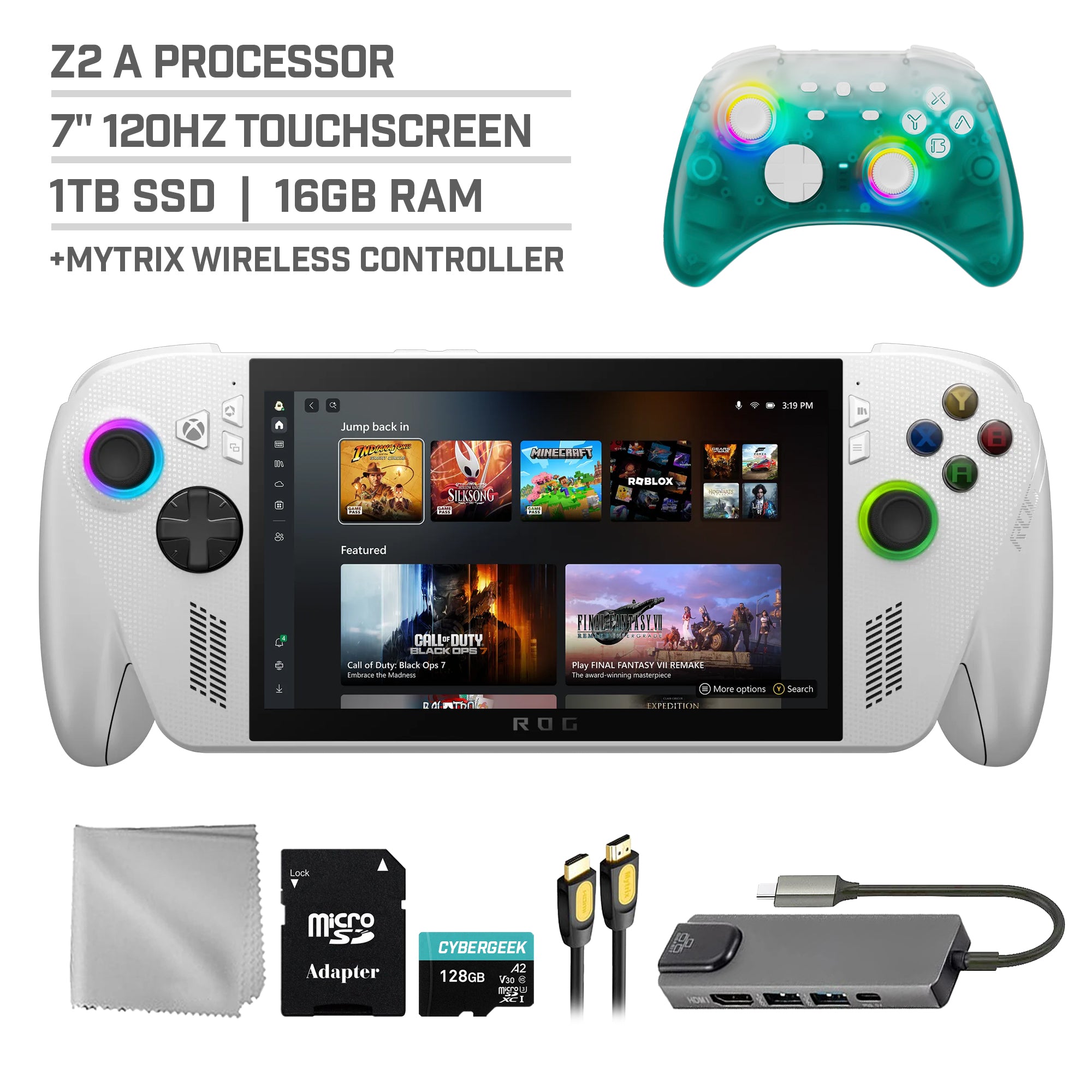 ASUS ROG Xbox Ally 1TB SSD AMD Ryzen Z2 A CPU Gaming Handheld 7-inch Touchscreen 120Hz, Mytrix Black Ice Wireless Pro Controller, Hub, 128GB MicroSD Card, 5 Accessories: 6 in 1 Bundle