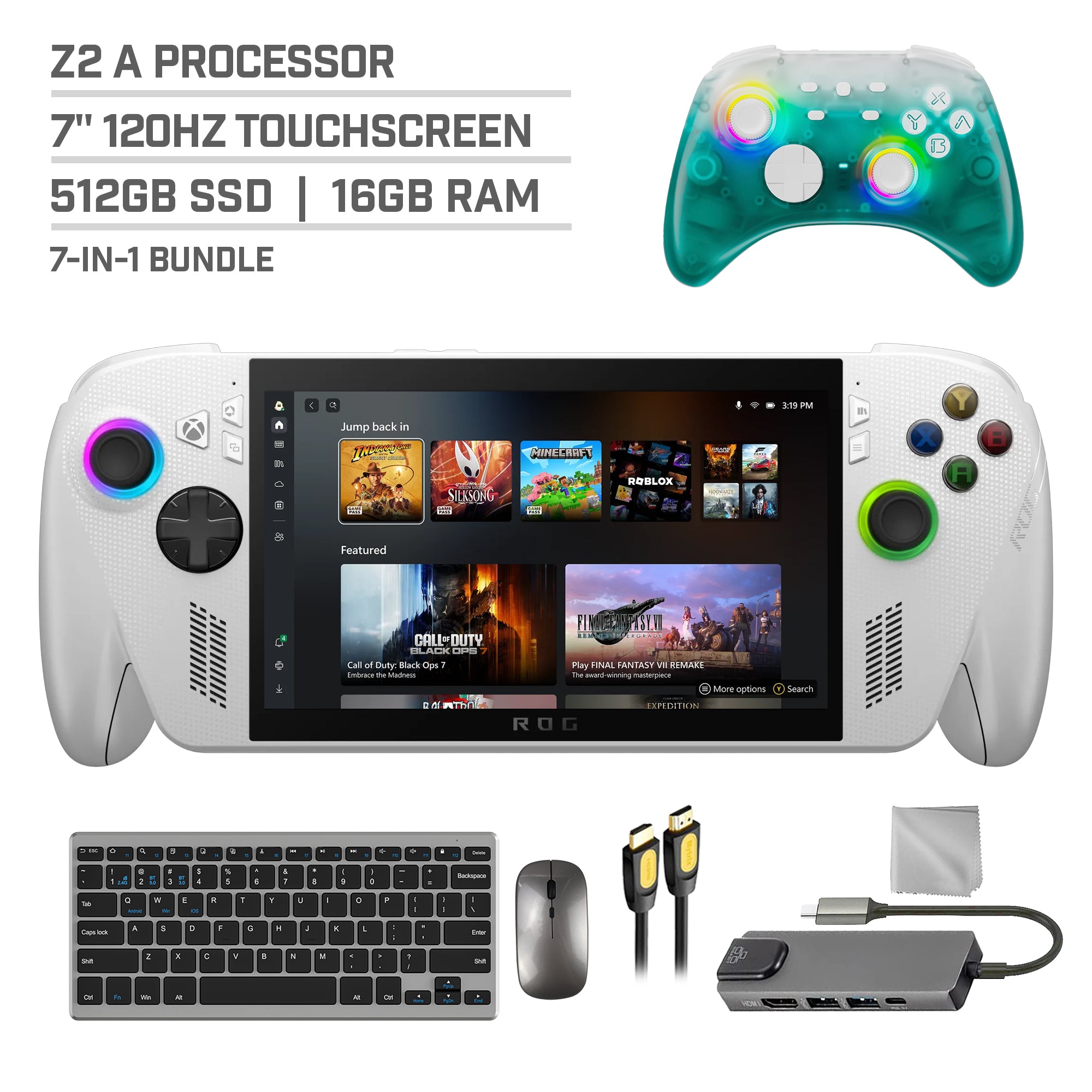 ASUS ROG Xbox Ally 512GB AMD Ryzen Z2 A CPU Gaming Handheld 7-inch Touchscreen 120Hz, Mytrix Black Ice Wireless Pro Controller, Hub, Keyboard & Mouse Combo, 7 in 1 Bundle