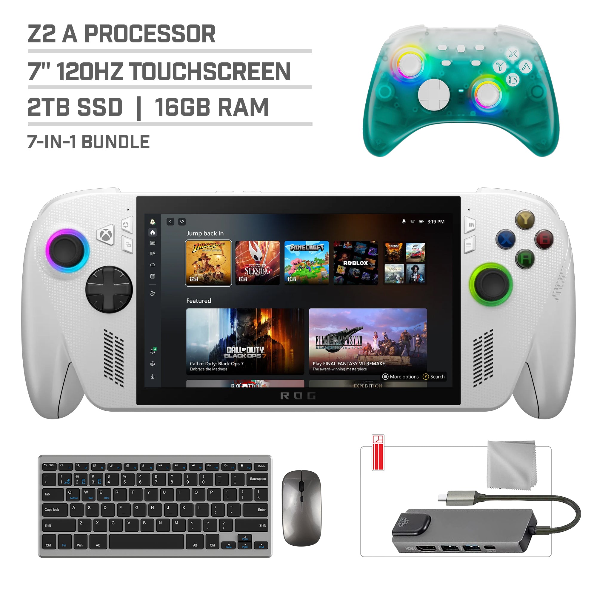 ASUS ROG Xbox Ally 2TB SSD AMD Ryzen Z2 A CPU Gaming Handheld 7-inch Touchscreen 120Hz, Mytrix Black Ice Wireless Pro Controller, Hub, Keyboard & Mouse Combo, 7 in 1 Bundle