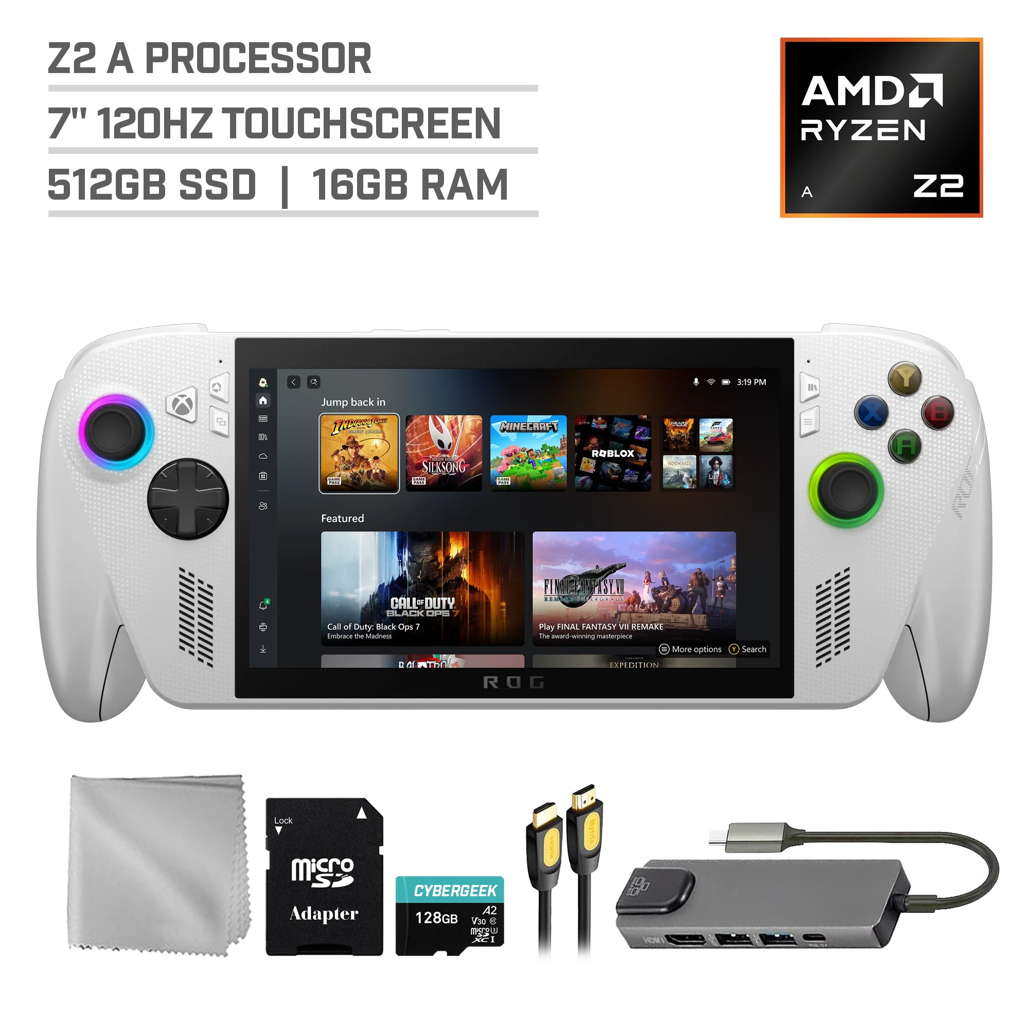 ASUS ROG Xbox Ally 512GB AMD Ryzen Z2 A CPU Gaming Handheld 7-inch Touchscreen 120Hz, Mytrix Hub, 128GB MicroSD Card, 4 Accessories: 5 in 1 Bundle
