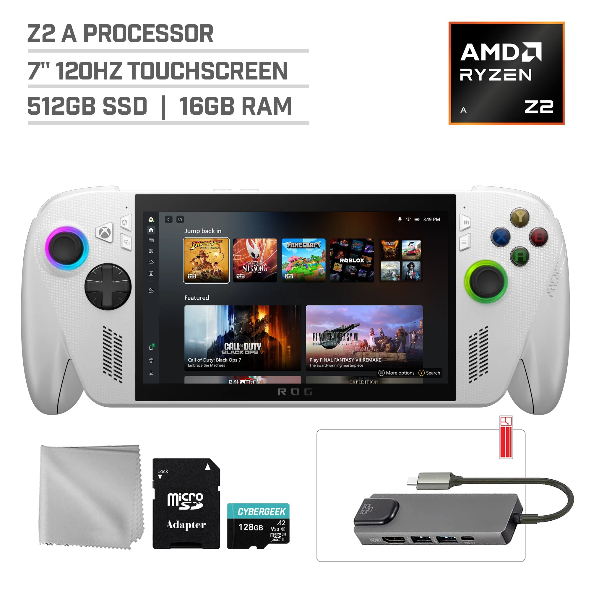 ASUS ROG Xbox Ally 512GB AMD Ryzen Z2 A CPU Gaming Handheld 7-inch Touchscreen 120Hz, Mytrix Hub, 128GB MicroSD Card, 4 Accessories: 5 in 1 Bundle