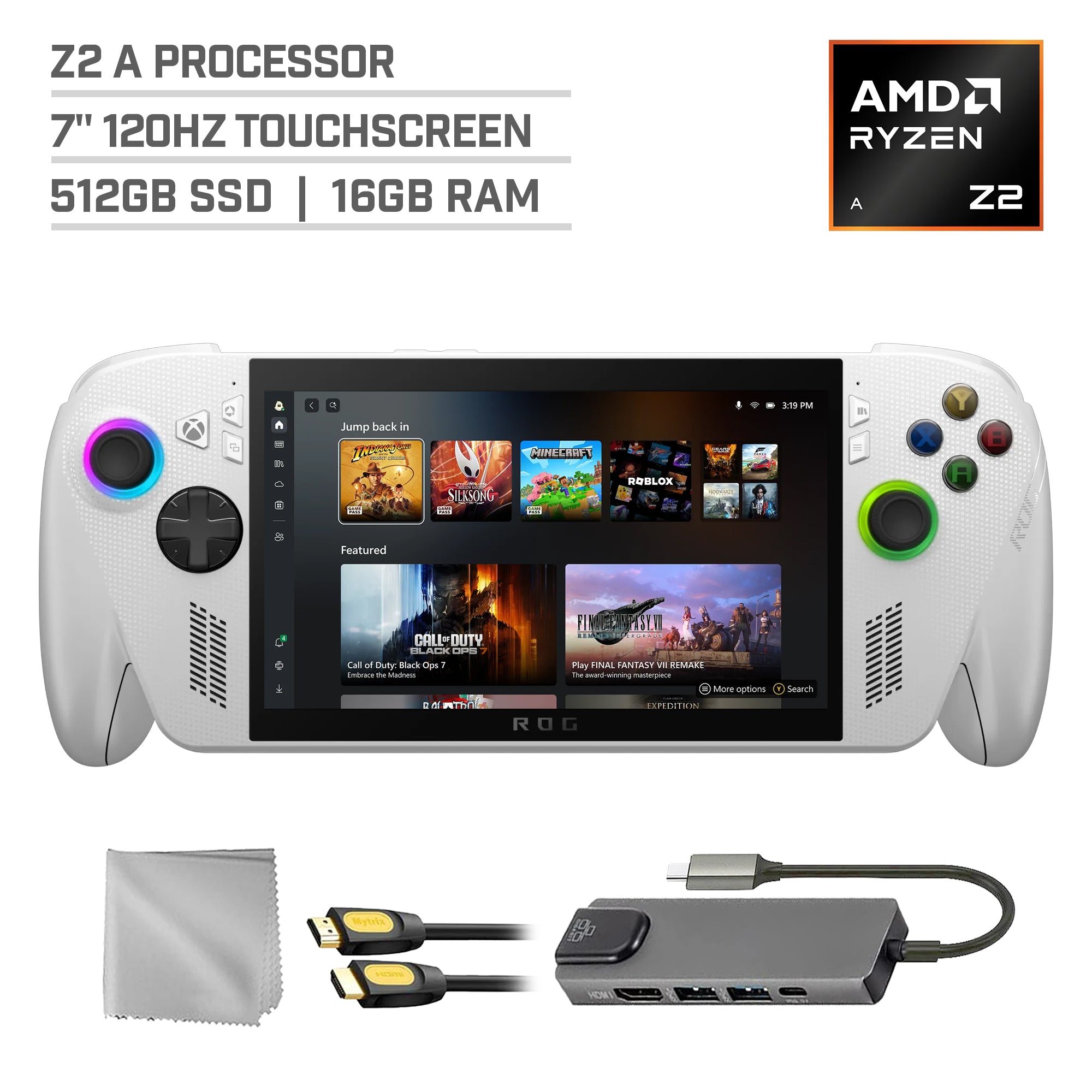 ASUS ROG Xbox Ally 512GB AMD Ryzen Z2 A CPU Gaming Handheld 7-inch Touchscreen 120Hz, Mytrix Hub, HDMI Cable, 3 Accessories: 4 in 1 Bundle