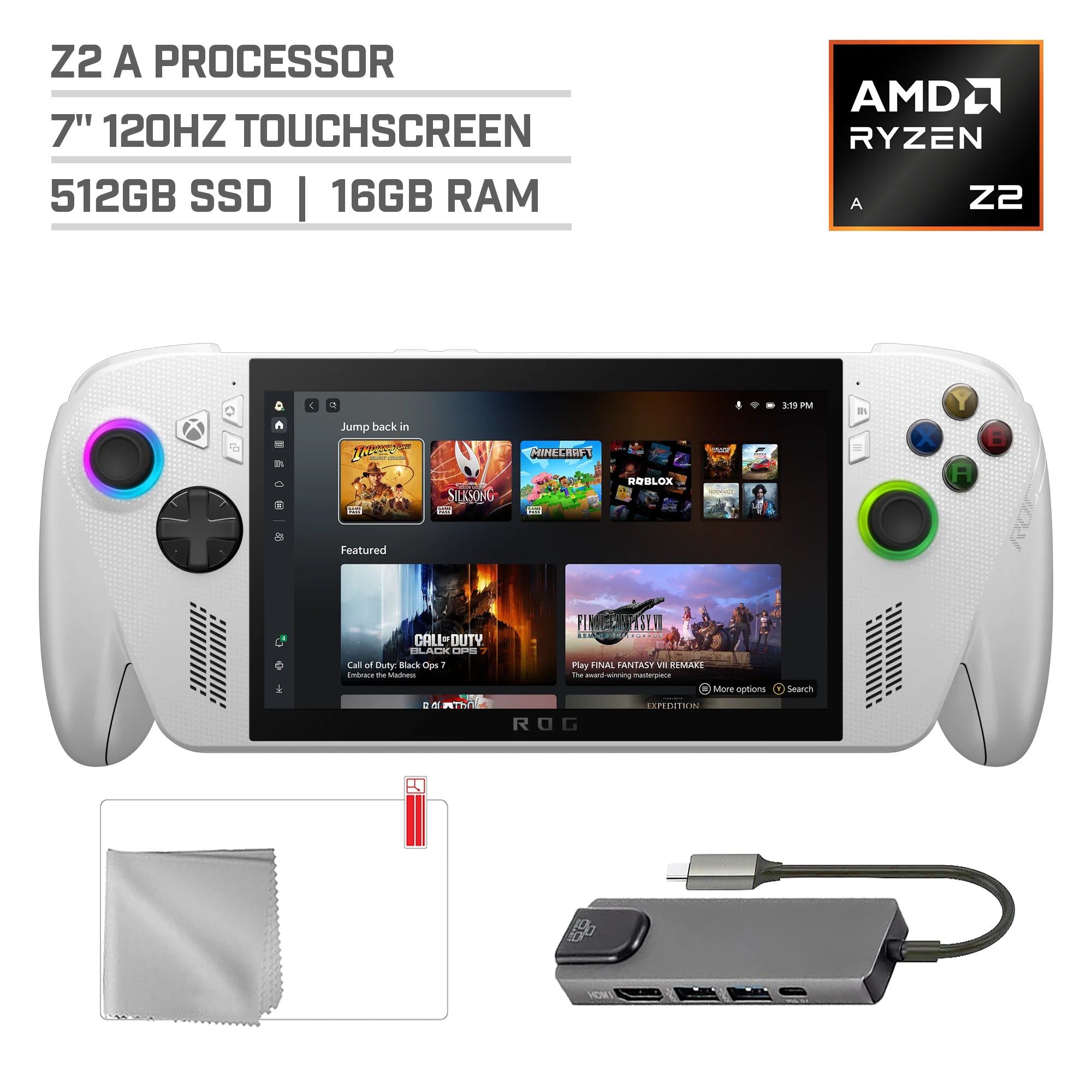 ASUS ROG Xbox Ally 2TB SSD AMD Ryzen Z2 A CPU Gaming Handheld 7-inch Touchscreen 120Hz, Mytrix Black Ice Wireless Pro Controller, Hub, 128GB MicroSD, Keyboard & Mouse, 8 in 1 Bundle