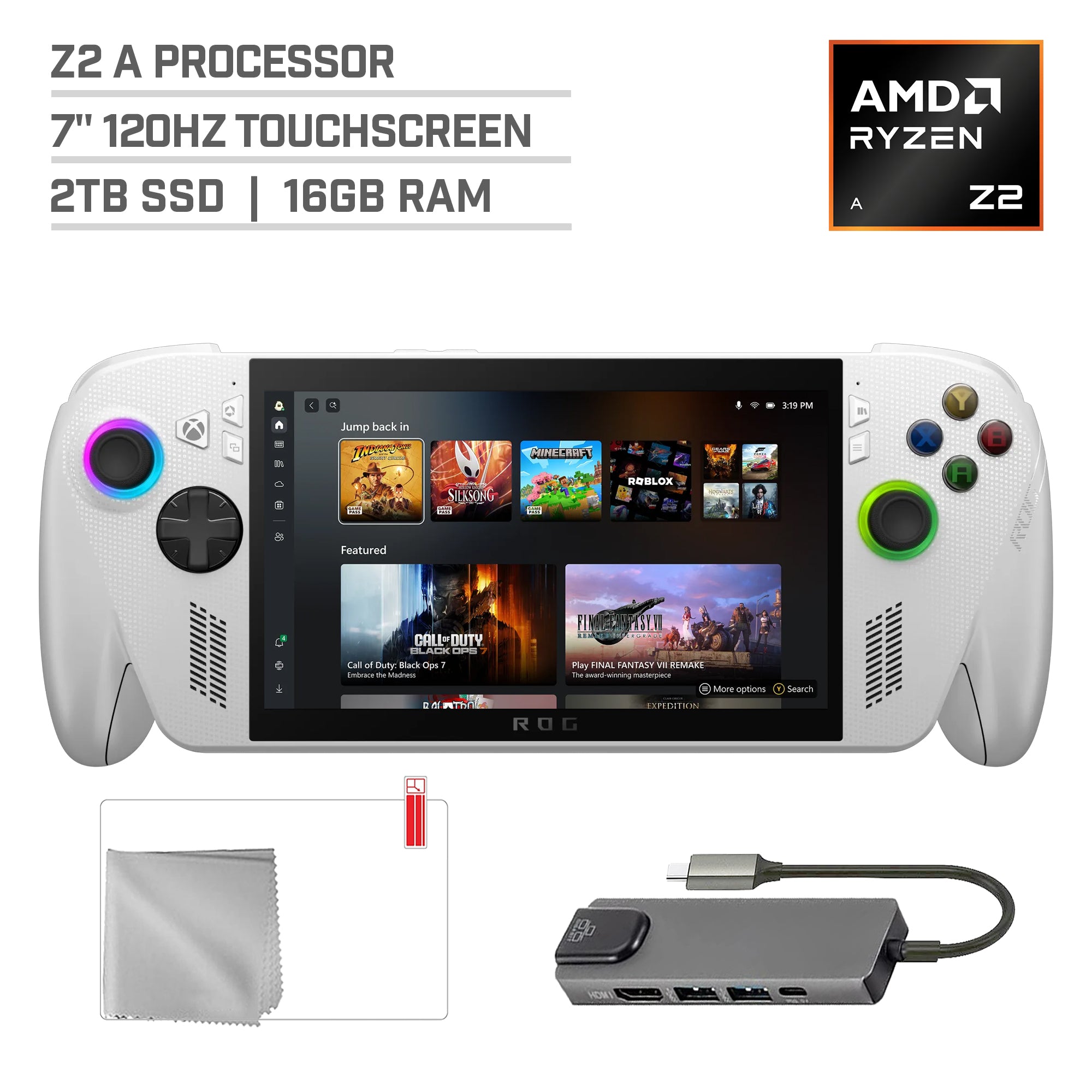 ASUS ROG Xbox Ally 2TB SSD AMD Ryzen Z2 A CPU Gaming Handheld 7-inch Touchscreen 120Hz, Mytrix Hub, Screen Protector, 3 Accessories: 4 in 1 Bundle