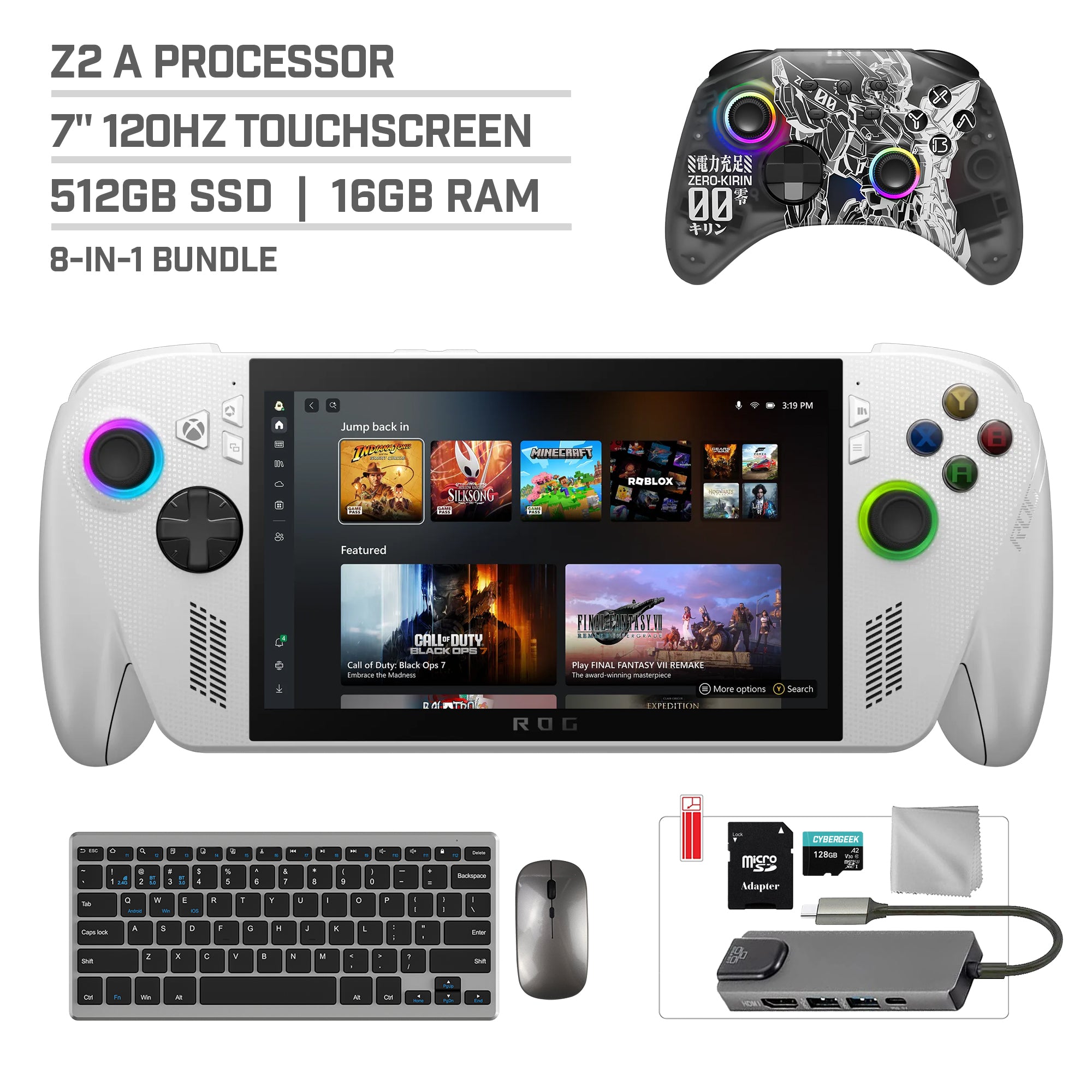 ASUS ROG Xbox Ally 512GB AMD Ryzen Z2 A CPU Gaming Handheld 7-inch Touchscreen 120Hz, Mytrix Zero-Kirin Wireless Pro Controller, Hub, 128GB MicroSD, Keyboard & Mouse, 8 in 1 Bundle