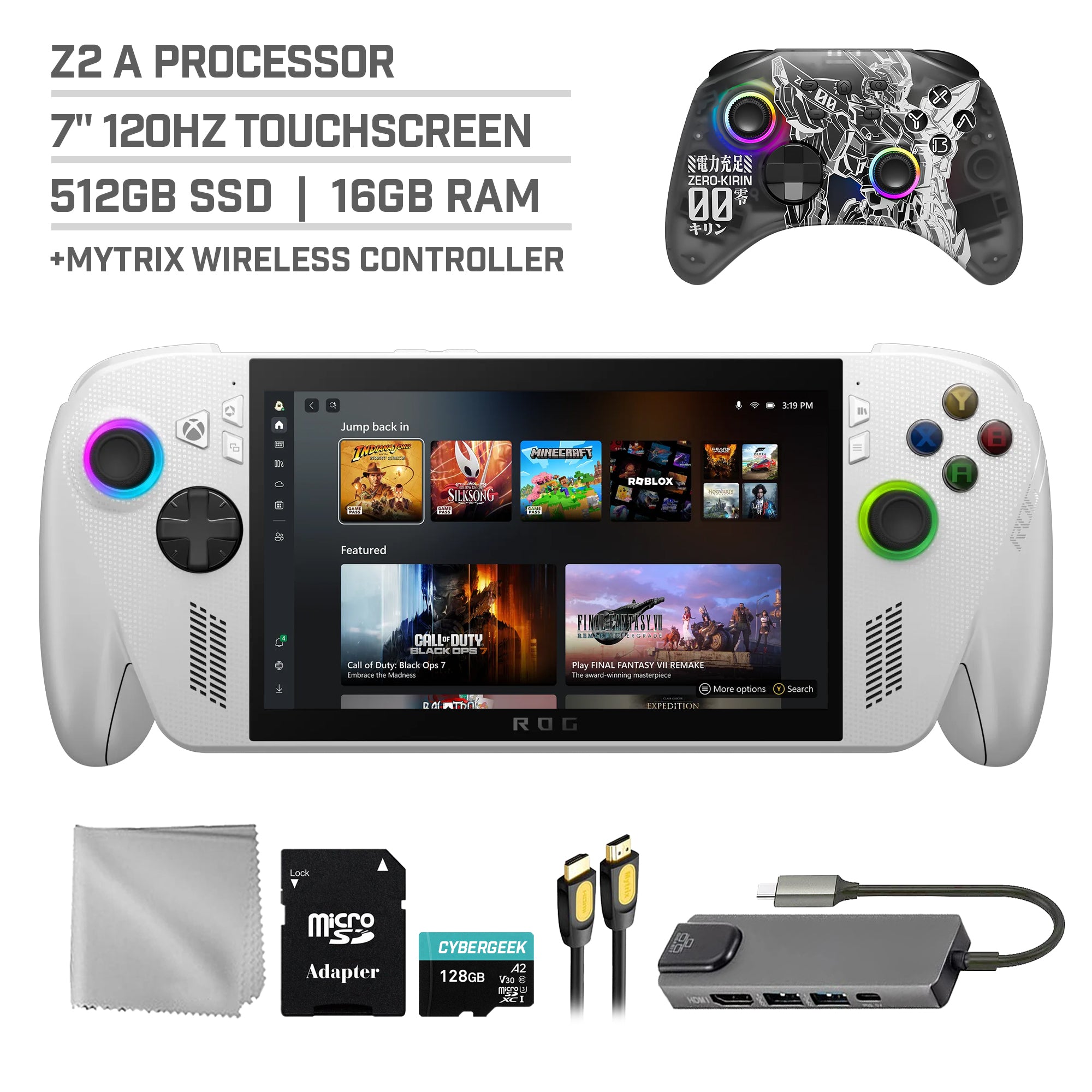 ASUS ROG Xbox Ally 512GB AMD Ryzen Z2 A CPU Gaming Handheld 7-inch Touchscreen 120Hz, Mytrix Zero-Kirin Wireless Pro Controller, Hub, 128GB MicroSD Card, 5 Accessory: 6 in 1 Bundle