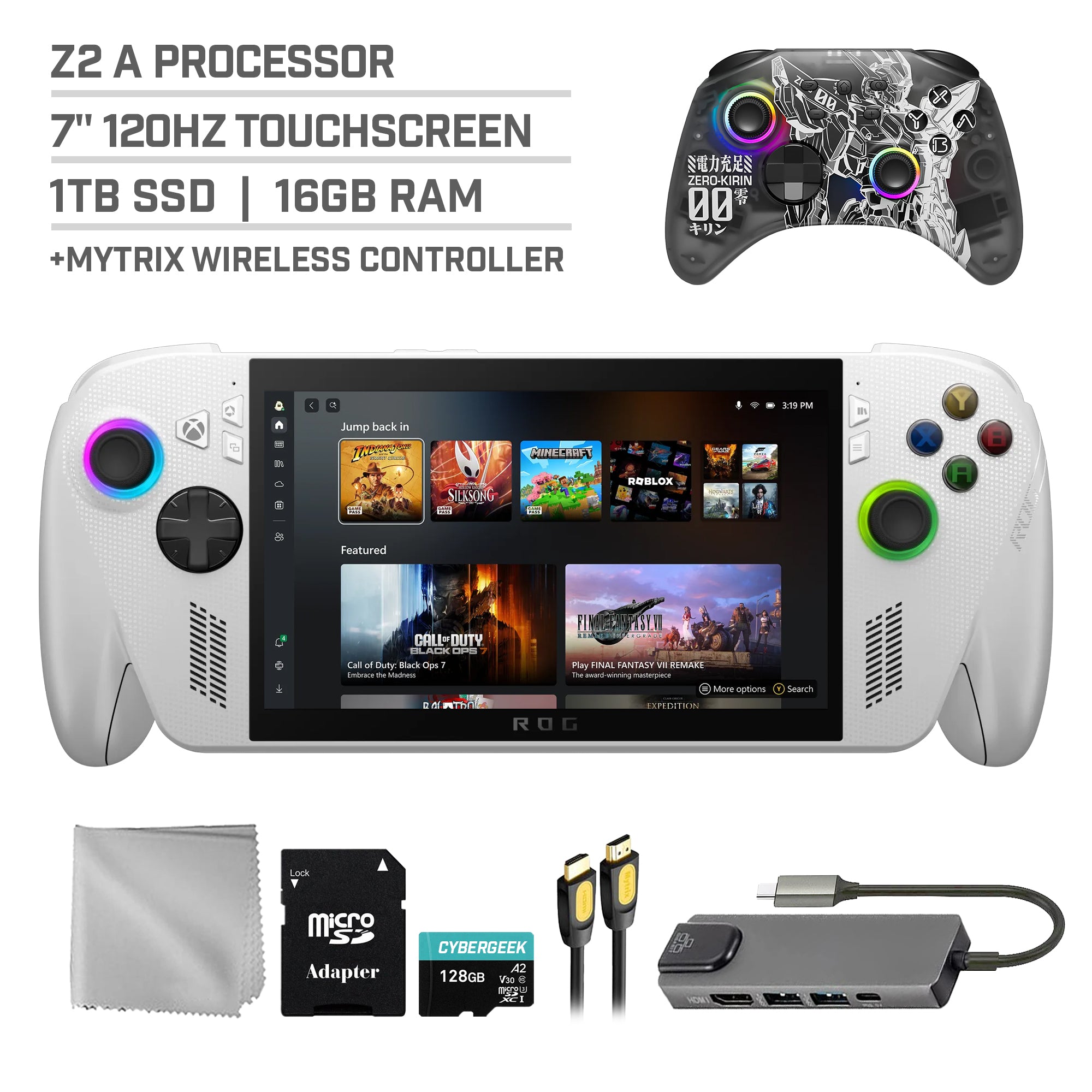 ASUS ROG Xbox Ally 1TB SSD AMD Ryzen Z2 A CPU Gaming Handheld 7-inch Touchscreen 120Hz, Mytrix Zero-Kirin Wireless Controller, Hub, 128GB MicroSD Card, 5 Accessories: 6 in 1 Bundle