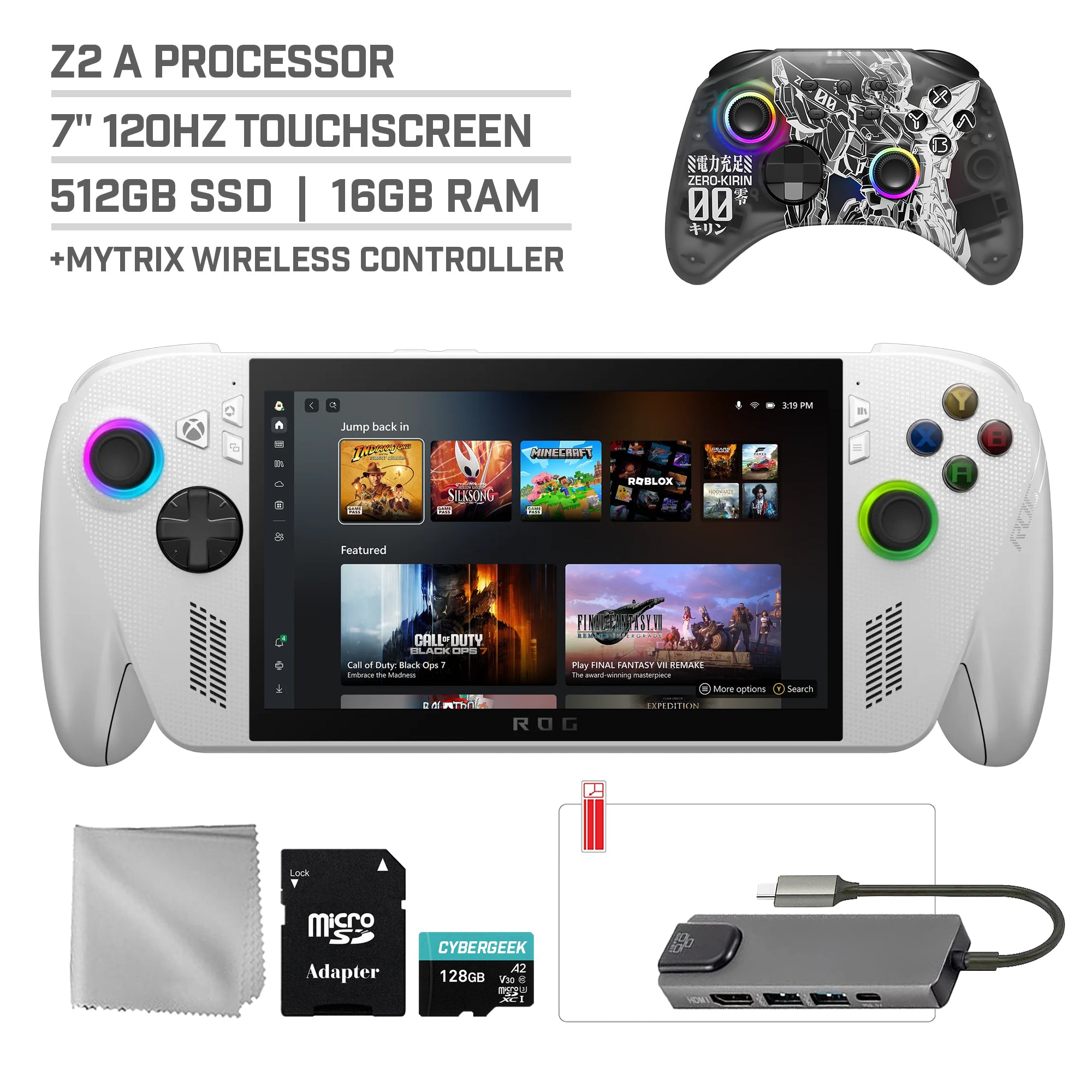 ASUS ROG Xbox Ally 512GB AMD Ryzen Z2 A CPU Gaming Handheld 7-inch Touchscreen 120Hz, Mytrix Zero-Kirin Wireless Pro Controller, Hub, 128GB MicroSD, 5 Accessories: 6 in 1 Bundle