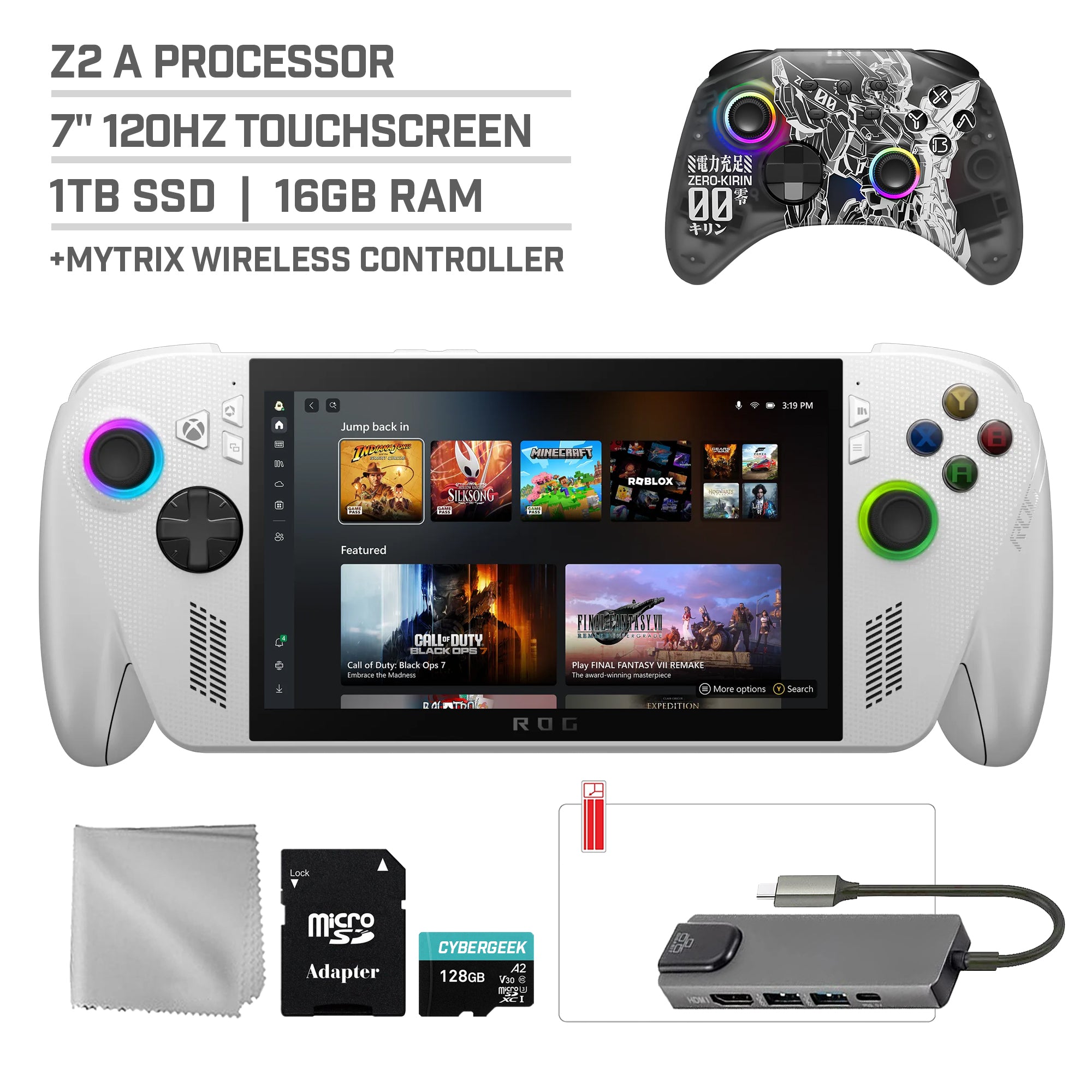 ASUS ROG Xbox Ally 1TB SSD AMD Ryzen Z2 A CPU Gaming Handheld 7-inch Touchscreen 120Hz, Mytrix Zero-Kirin Wireless Controller, Hub, 128GB MicroSD Card, 5 Accessories: 6 in 1 Bundle