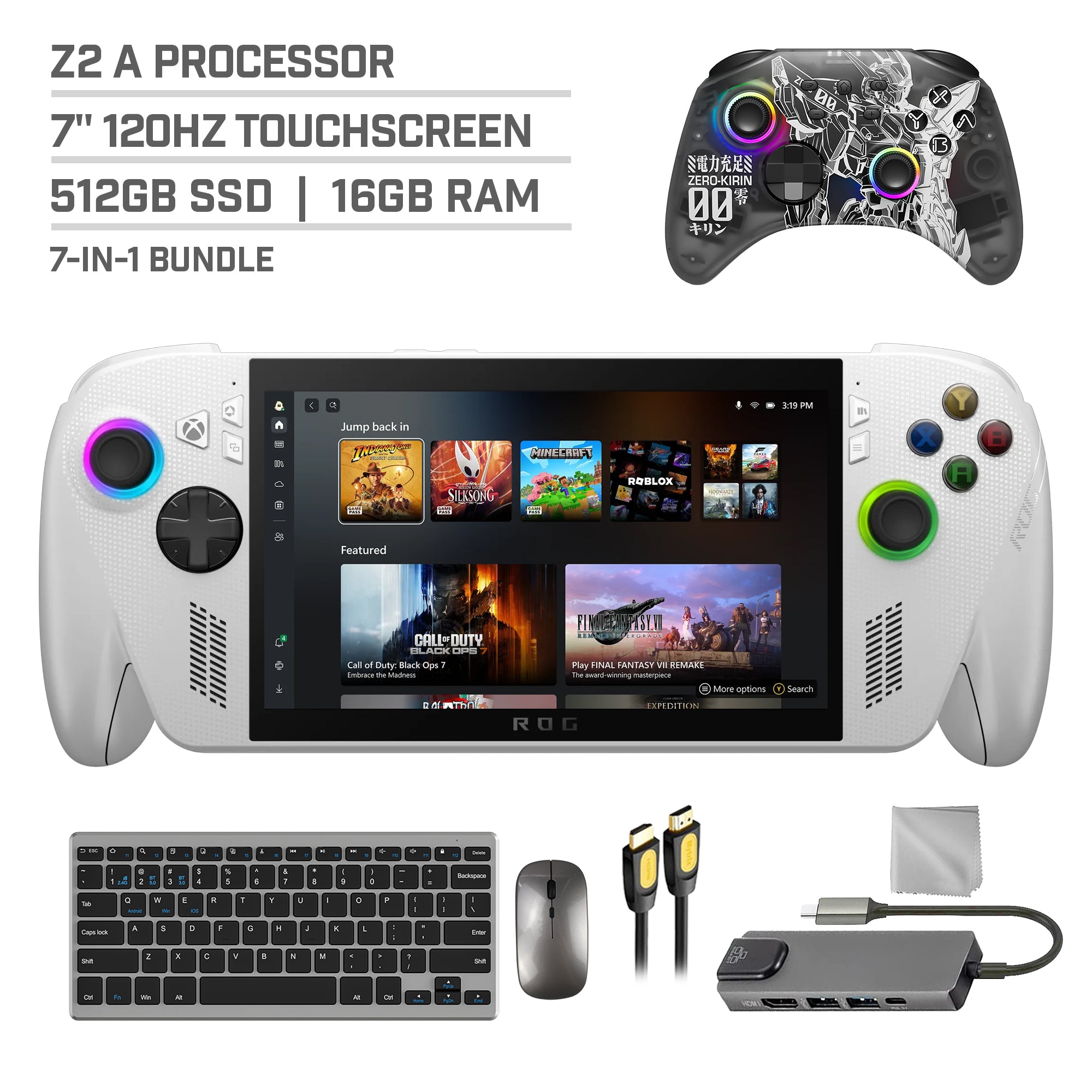 ASUS ROG Xbox Ally 512GB AMD Ryzen Z2 A CPU Gaming Handheld 7-inch Touchscreen 120Hz, Mytrix Zero-Kirin Wireless Pro Controller, Hub, Keyboard & Mouse Combo, 7 in 1 Bundle
