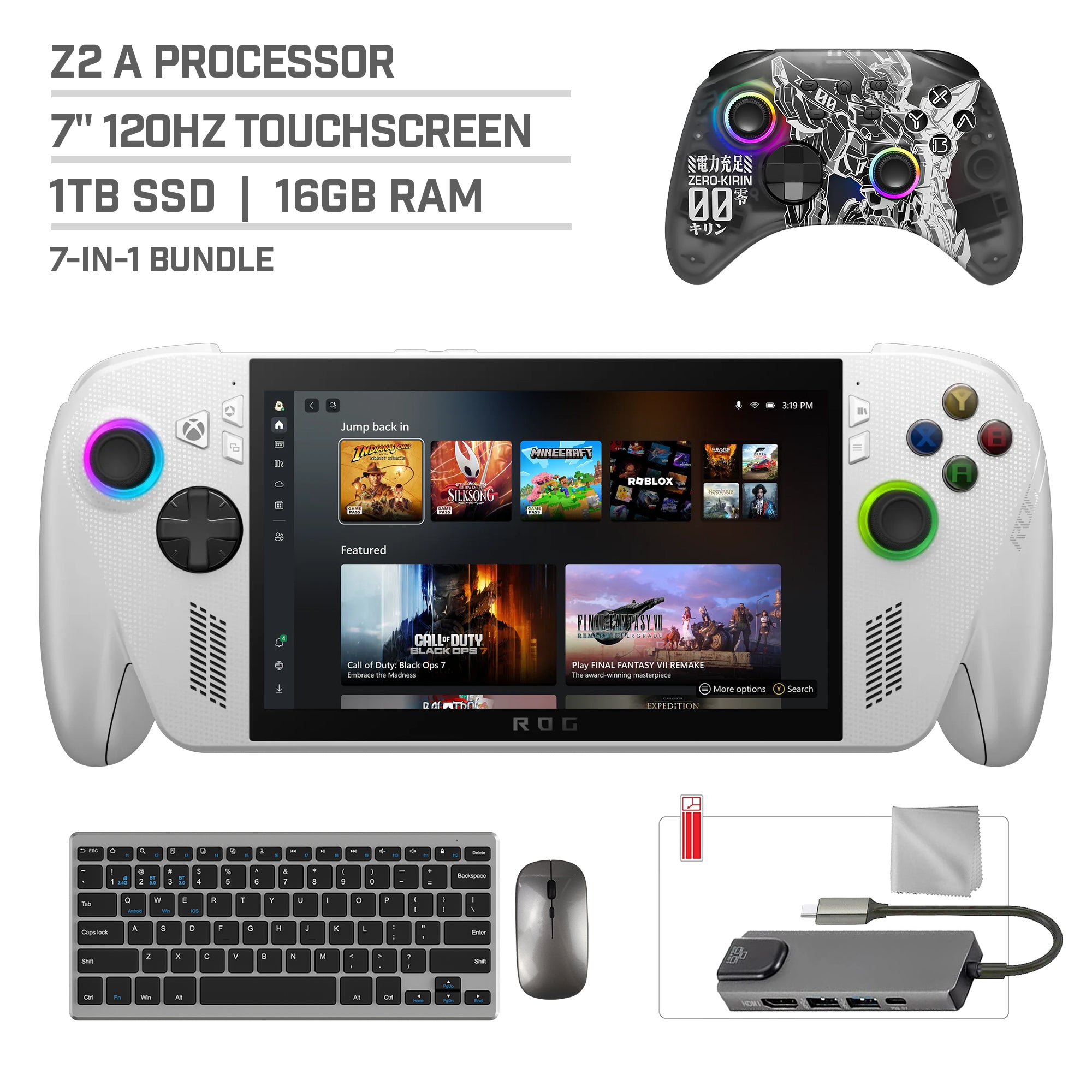 ASUS ROG Xbox Ally 1TB SSD AMD Ryzen Z2 A CPU Gaming Handheld 7-inch Touchscreen 120Hz, Mytrix Zero-Kirin Wireless Pro Controller, Hub, Keyboard & Mouse Combo, 7 in 1 Bundle