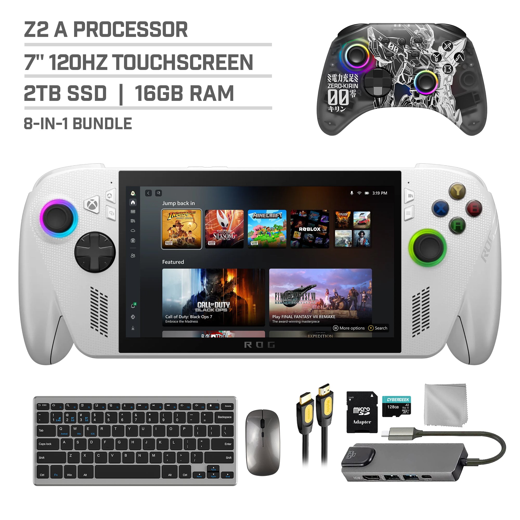 ASUS ROG Xbox Ally 2TB SSD AMD Ryzen Z2 A CPU Gaming Handheld 7-inch Touchscreen 120Hz, Mytrix Zero-Kirin Wireless Pro Controller, Hub, 128GB MicroSD, Keyboard &Mouse, 8 in 1 Bundle