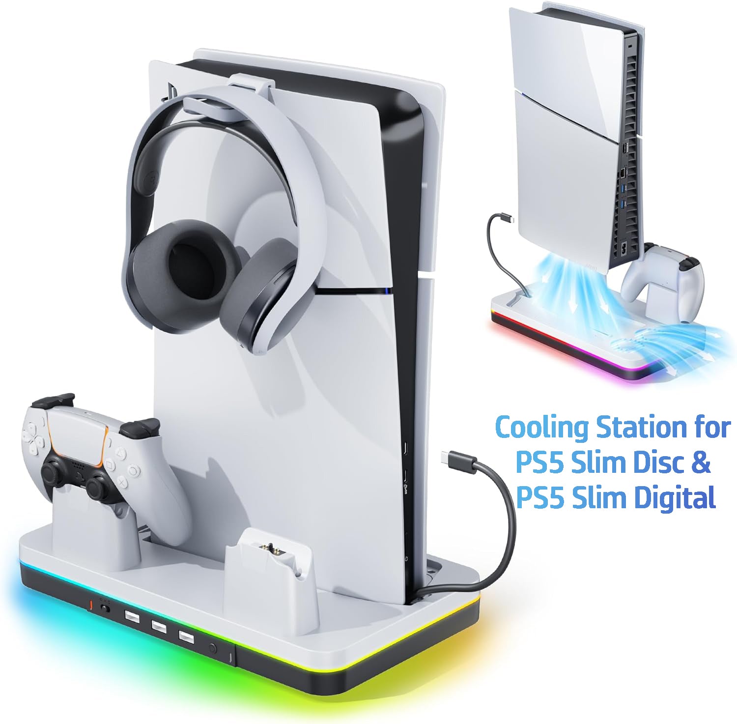 Cooling Station for PS5 Slim Console (Disc & Digital), Mytrix PS5 Slim Stand with Fast Controller Charging Station, Controller Charger, 3 Speeds Cooling Fan, Headset Holder, RGB Lights & 3 USB Ports