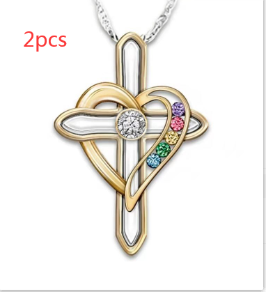 Cross Love Colorful Imitatio Gemstone Pendant Alloy Clavicle Chain