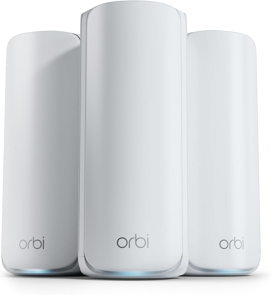 NETGEAR Orbi 770 Series Tri-Band WiFi 7 Mesh Network System (RBE773) - Router + 2 Satellite Extenders, Security Features, Up to 11Gbps, Covers up to 8,000 sq. ft., 100 Devices, 2.5 Gig Internet Port