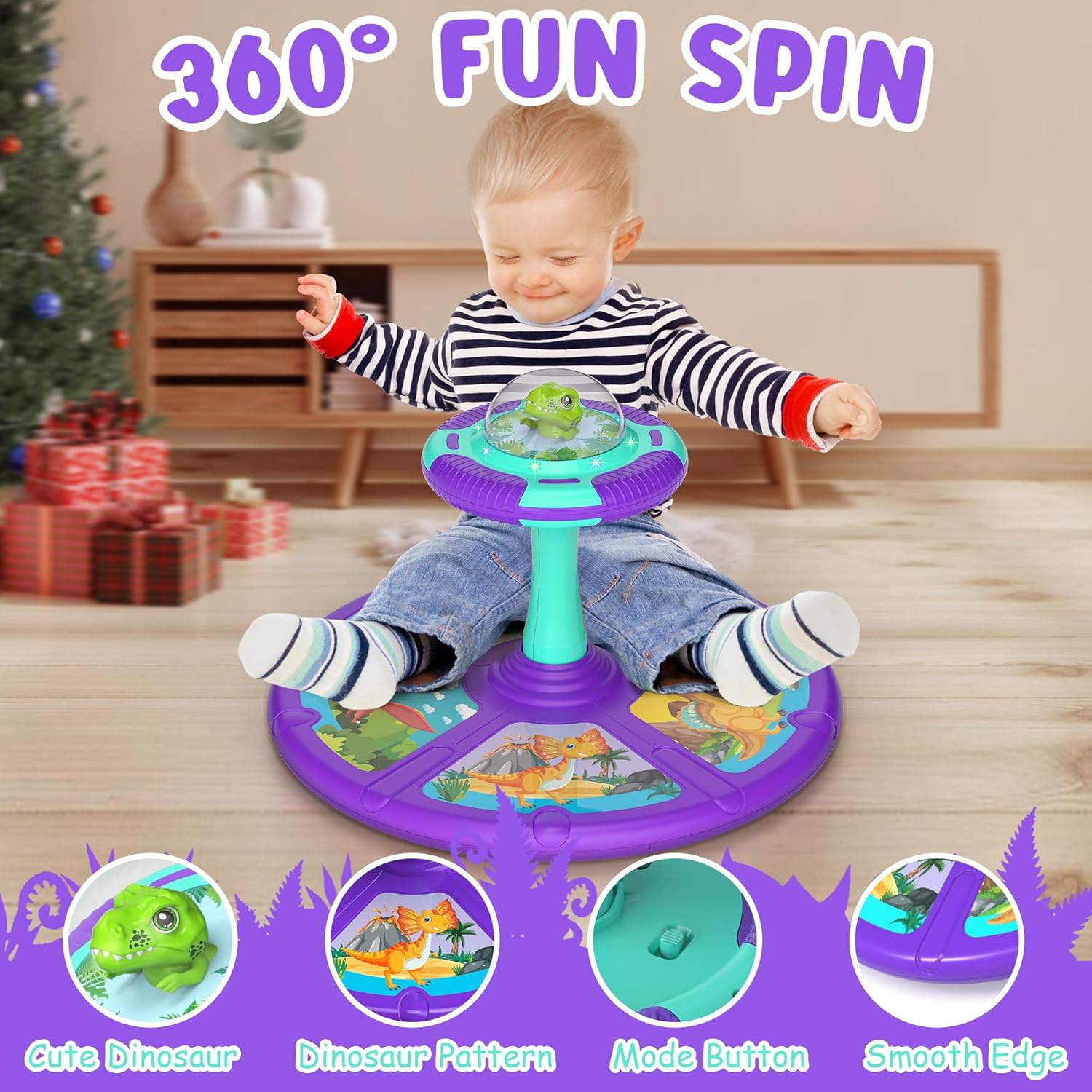 Dinosaur Sit and Spin Toddler Toys, 360° Spin Activity Toys with Music & LED Lights for Ages 1-3 Years Kids, Indoor Outdoor Early Development Toys & Birthday Gift for Boys Girls 18 Months +