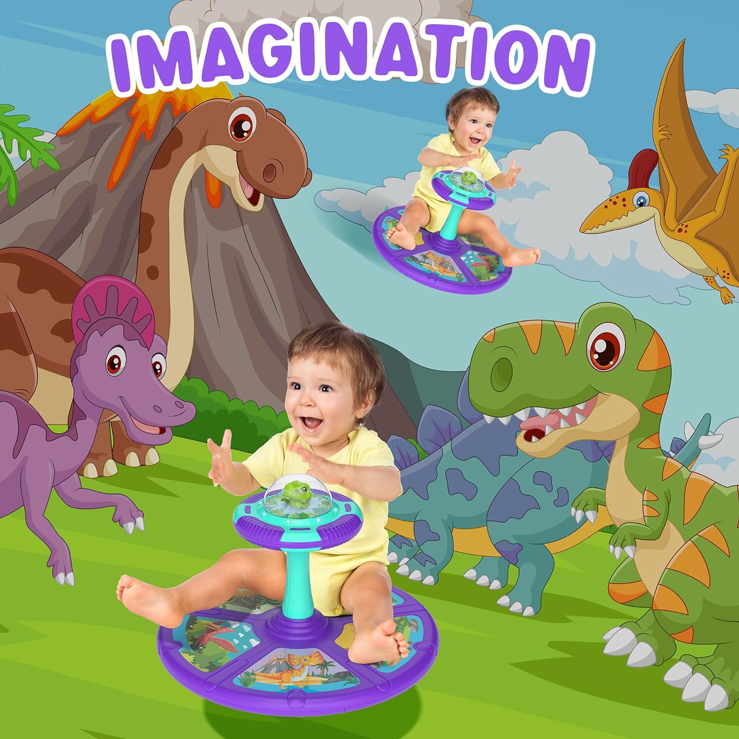 Dinosaur Sit and Spin Toddler Toys, 360° Spin Activity Toys with Music & LED Lights for Ages 1-3 Years Kids, Indoor Outdoor Early Development Toys & Birthday Gift for Boys Girls 18 Months +