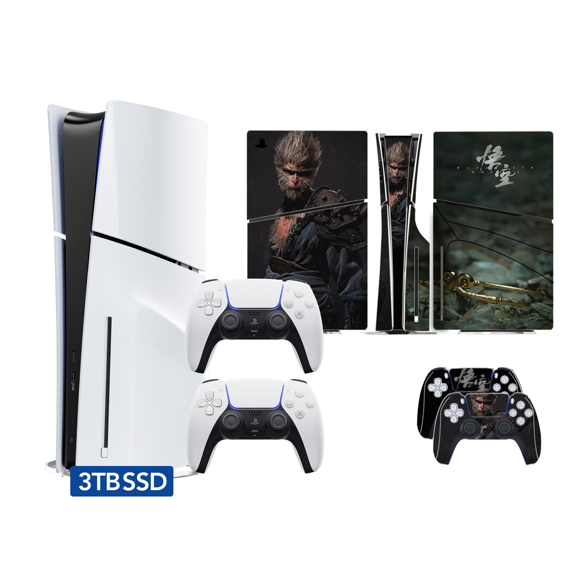 PlayStation 5 Slim Upgraded 3TB PCIe Gen 4 NVNe SSD Gaming Console Disc Version AMD Ryzen Zen 8 Core CPU with 2 Wireless Controller, Customized Full Body Skins - Black Myth Wukong - PS5 Disc Slim