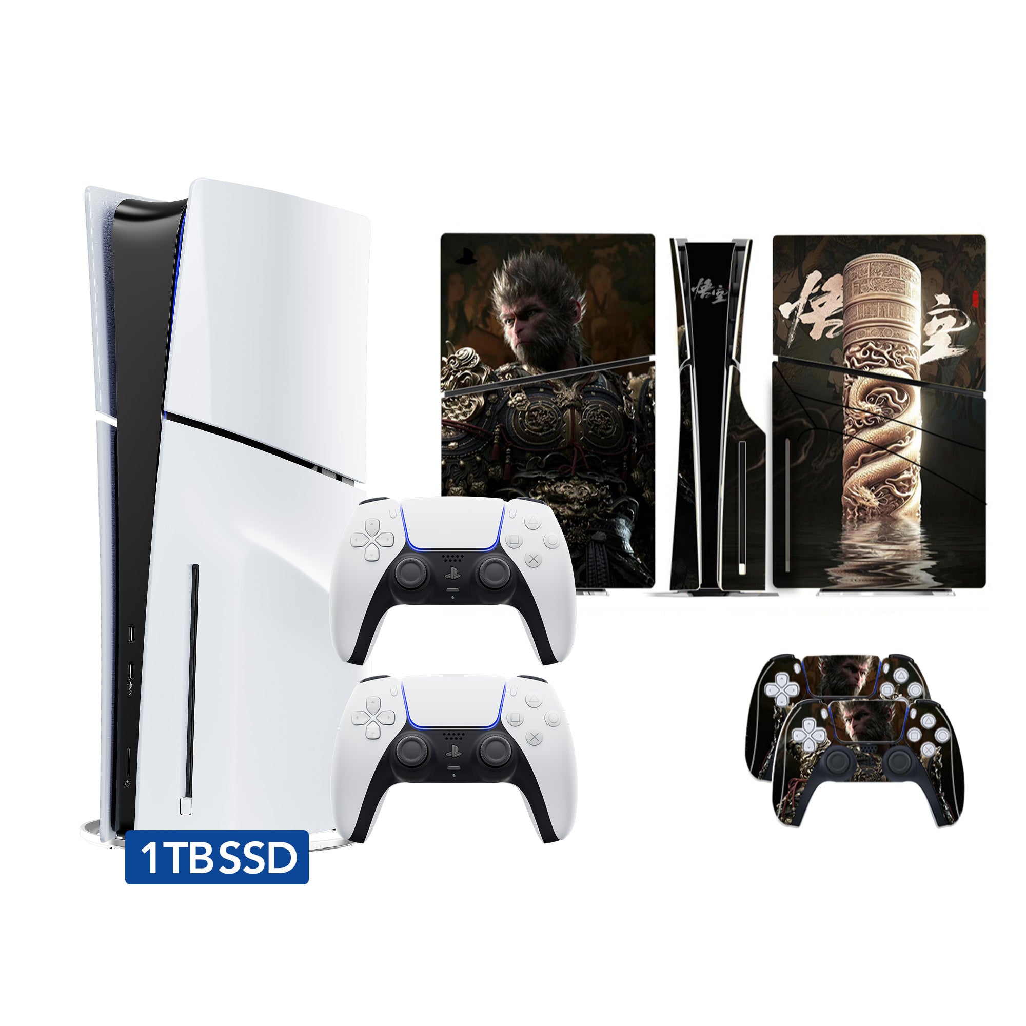 PlayStation 5 Slim Disc Version PS5 Gaming Console, AMD Ryzen Zen 8 Cores CPU 1TB PCIe Gen 4 NVNe SSD with 2 Wireless Controller, Customized Full Body Skins - Wukong Ruyi Jingu Bang - PS5 Disc Slim