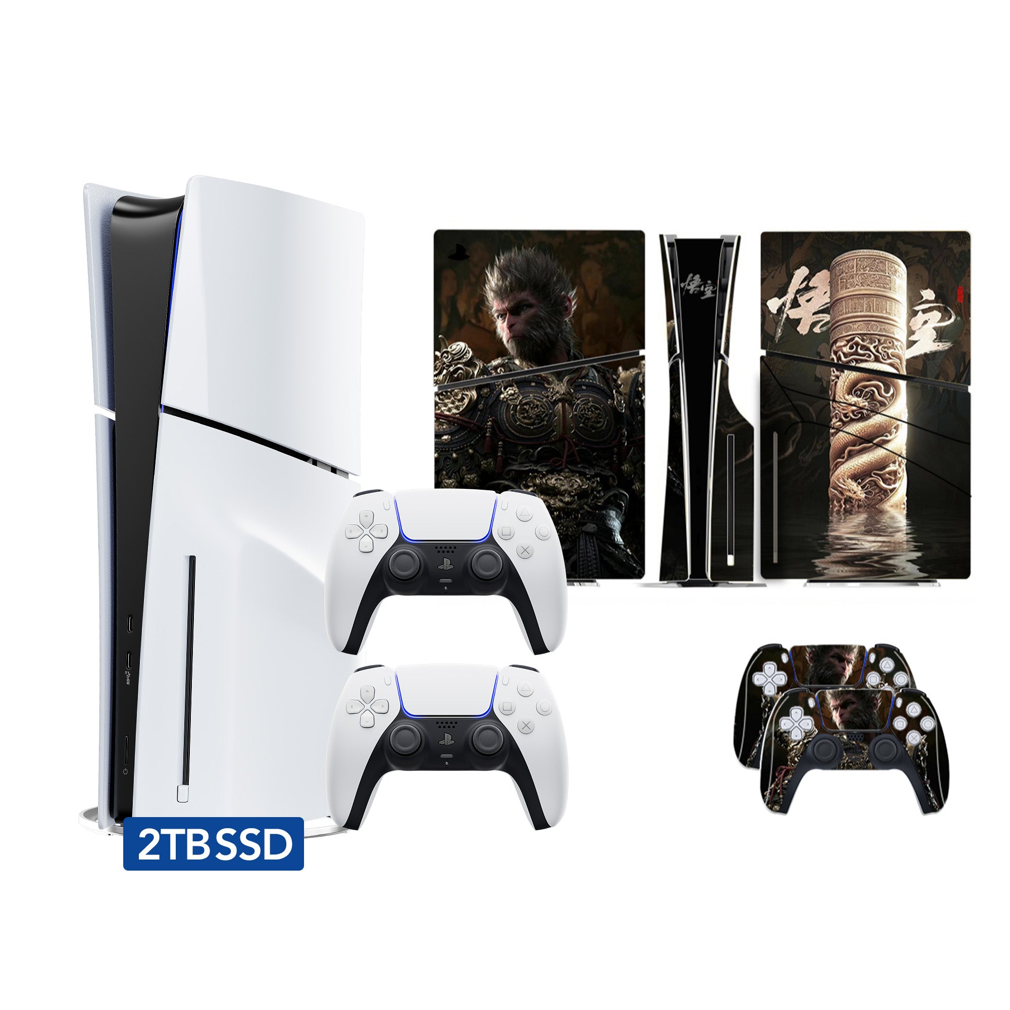 PlayStation 5 Slim Upgraded 2TB PCIe Gen 4 NVNe SSD Gaming Console Disc AMD Ryzen Zen 8 Core CPU with 2 Wireless Controller, Customized Full Body Skins - Wukong Ruyi Jingu Bang - PS5 Disc Slim
