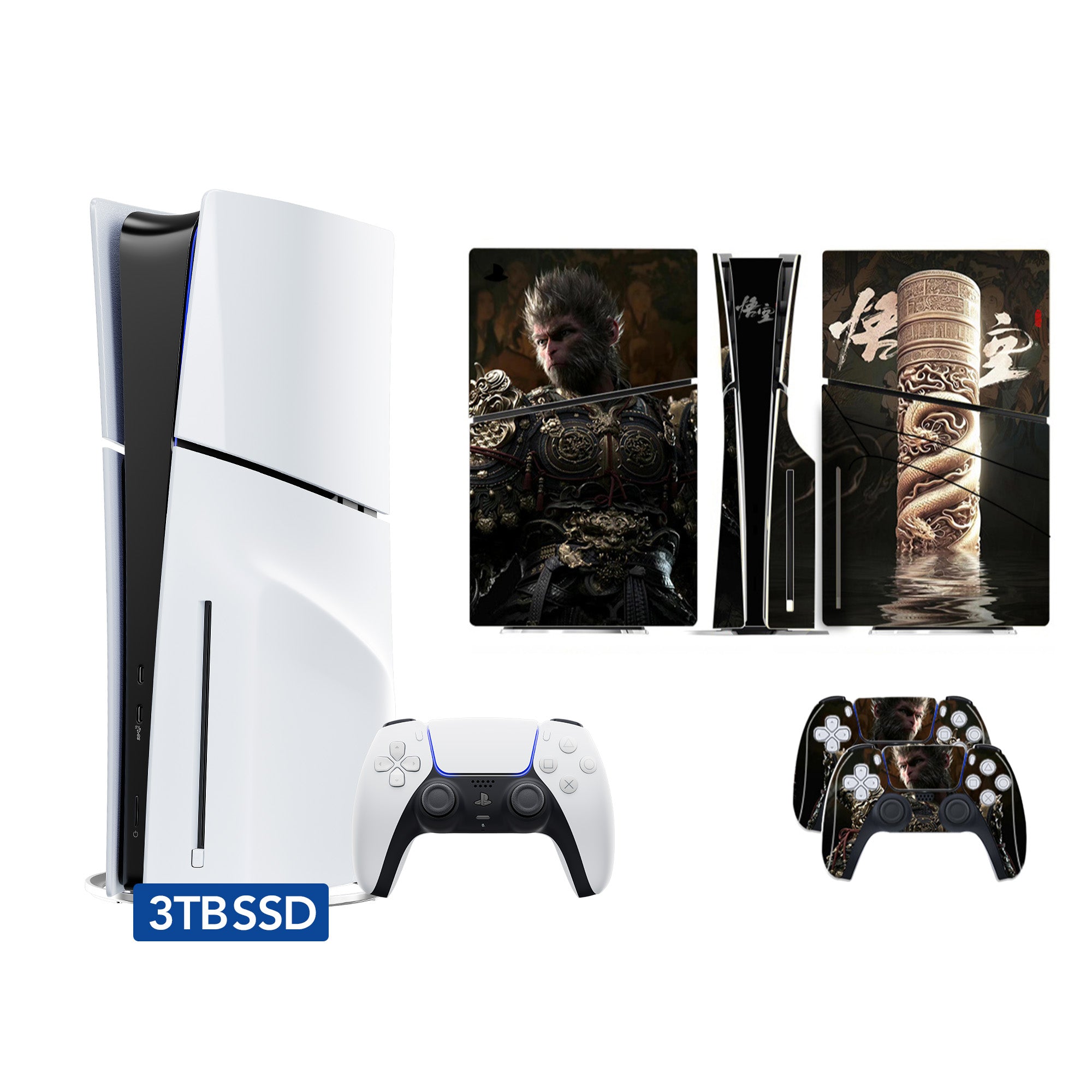 PlayStation 5 Slim Upgraded 3TB PCIe Gen 4 NVNe SSD Gaming Console Disc Version AMD Ryzen Zen 8 Core CPU with Wireless Controller, Customized Full Body Skins - Wukong Ruyi Jingu Bang - PS5 Disc Slim