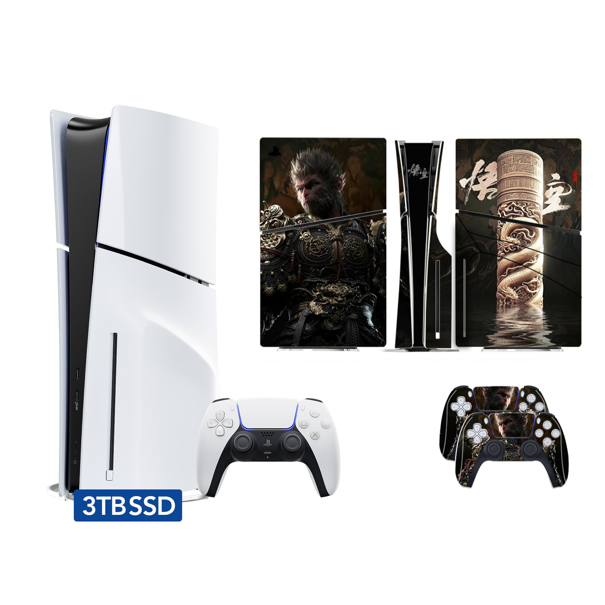 PlayStation 5 Slim Upgraded 3TB PCIe Gen 4 NVNe SSD Gaming Console Disc Version AMD Ryzen Zen 8 Core CPU with Wireless Controller, Customized Full Body Skins - Black Myth Wukong - PS5 Disc Slim