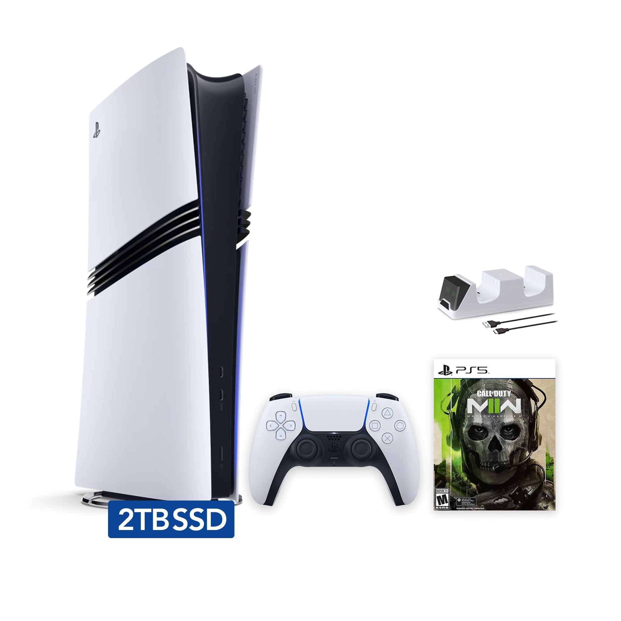 PlayStation 5 Pro Digital Edition Call of Duty Modern Warfare II Bundle and Mytrix 8K HDMI Ultra High Speed Charger - White, Flagship Pro PS5 2TB PCIe SSD Gaming Console