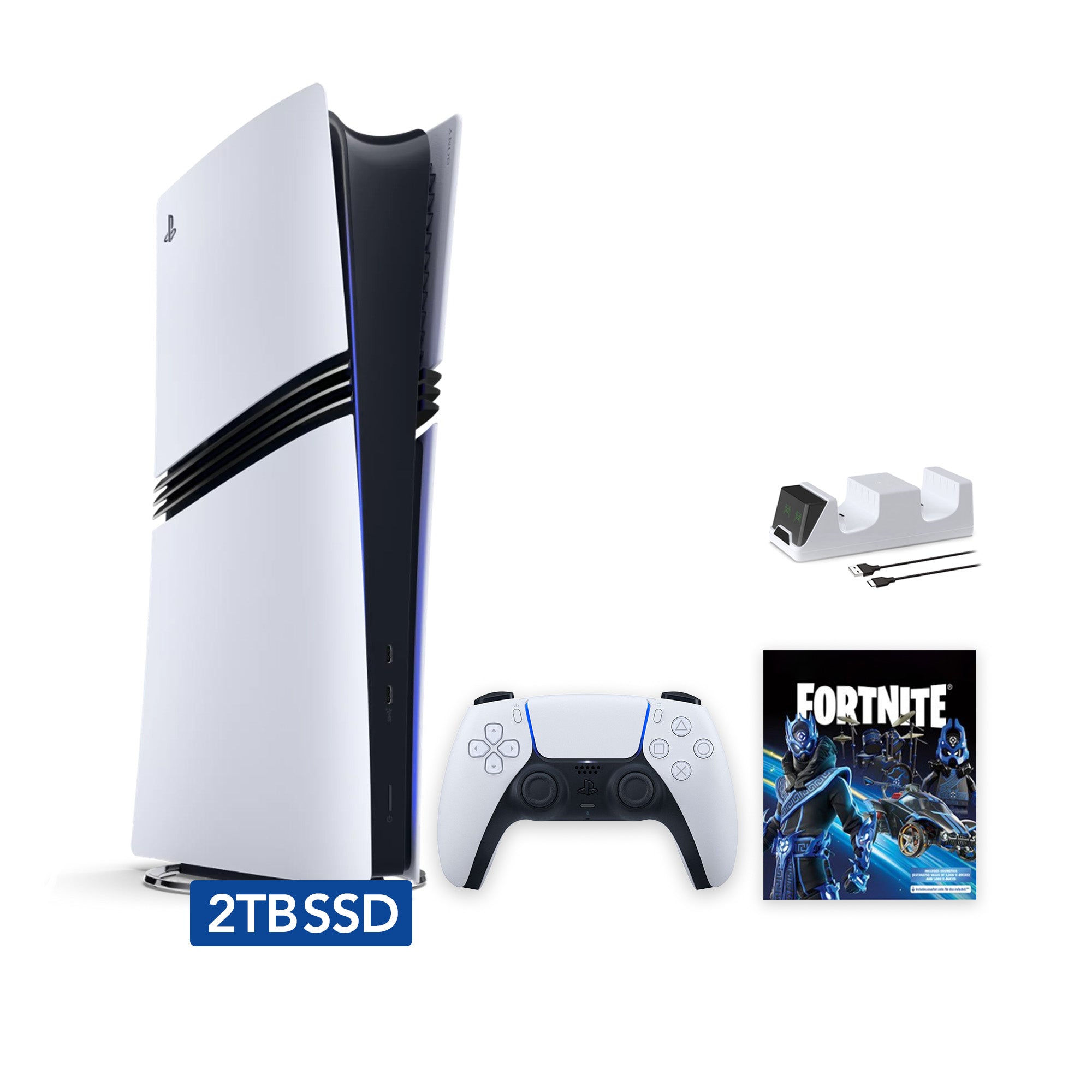 PlayStation 5 Pro Digital Edition Fortnite Cobalt Star Bundle and Mytrix Controller Charger - White, Flagship Pro PS5 2TB PCIe SSD Gaming Console