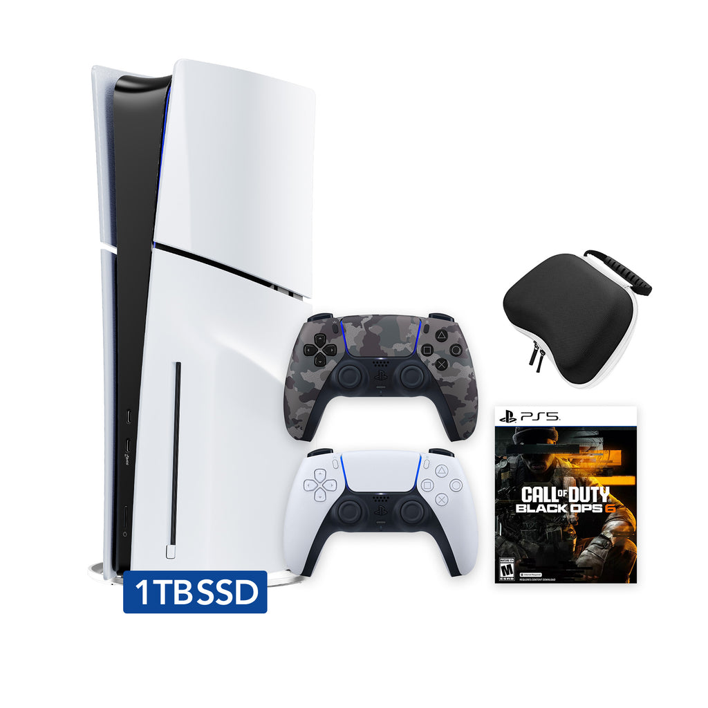 PlayStation 5 Slim Disc 1TB SSD Call of Duty Black Ops 6 Bundle with Two Controllers, White and Gray Camouflage DualSense, Hard Shell Protective Controller Case - PS5 Slim Disc Edition