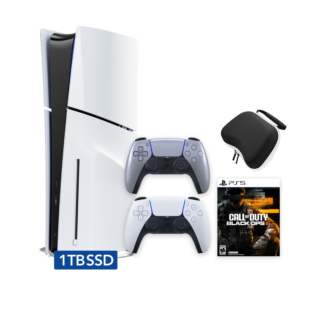 PlayStation 5 Slim Disc 1TB SSD Call of Duty Black Ops 6 Bundle with Two Controllers, White and Sterling Silver DualSense and Mytrix Hard Shell Protective Controller Case - PS5 Slim Disc Edition