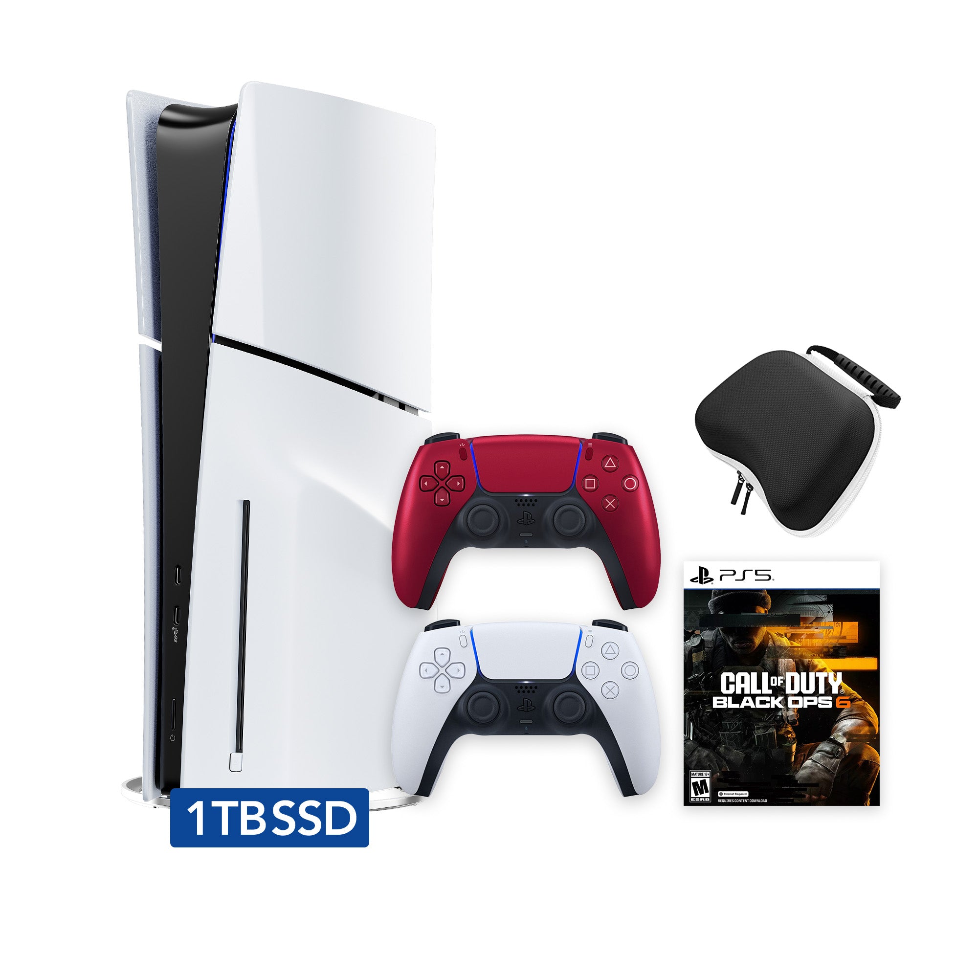 PlayStation 5 Slim Disc 1TB SSD Call of Duty Black Ops 6 Bundle with Two Controllers, White and Volcanic Red DualSense and Mytrix Hard Shell Protective Controller Case - PS5 Slim Disc Edition